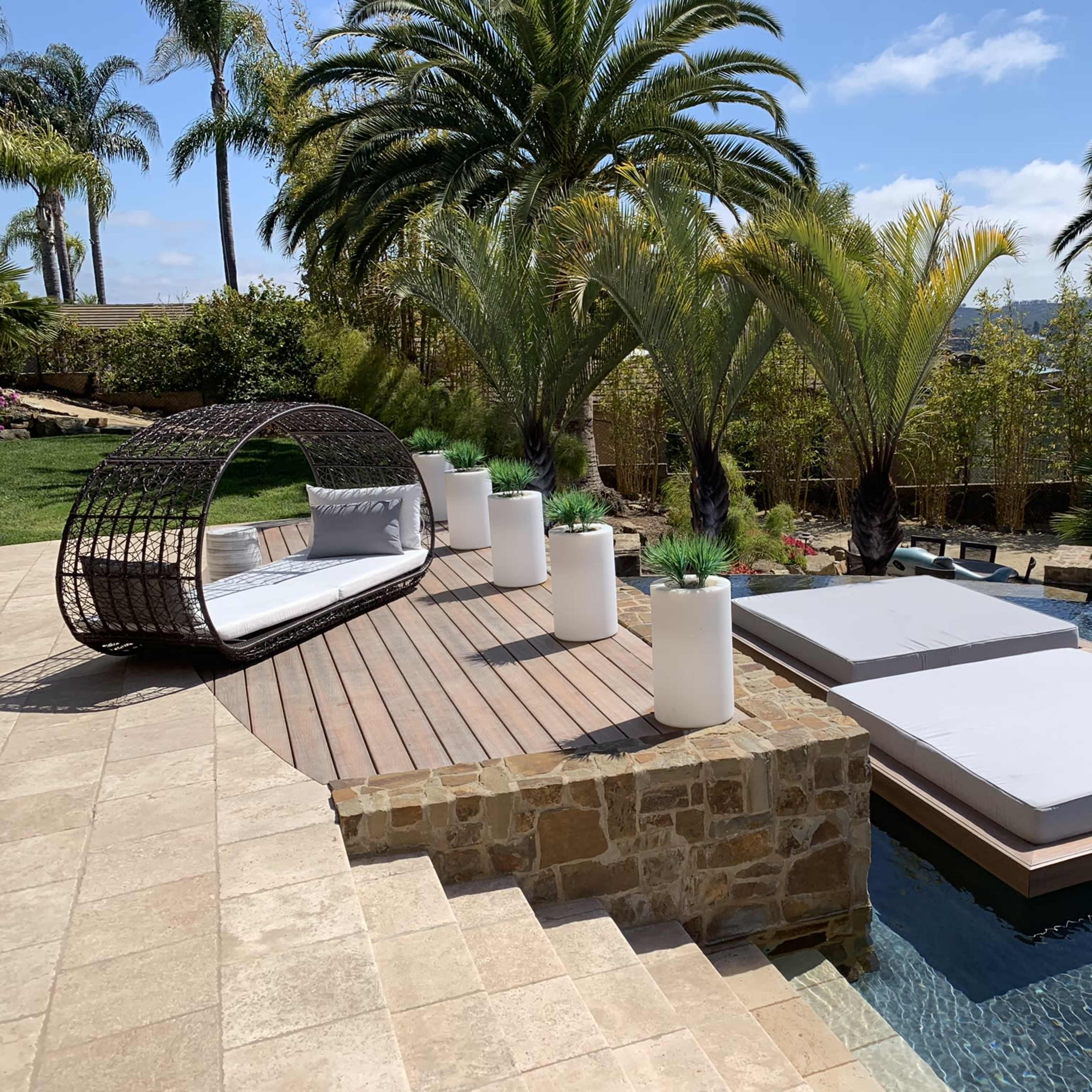 A modern outdoor pool area with lounge chairs, a curved canopy bed, and palm trees surrounding a clear-water pool.