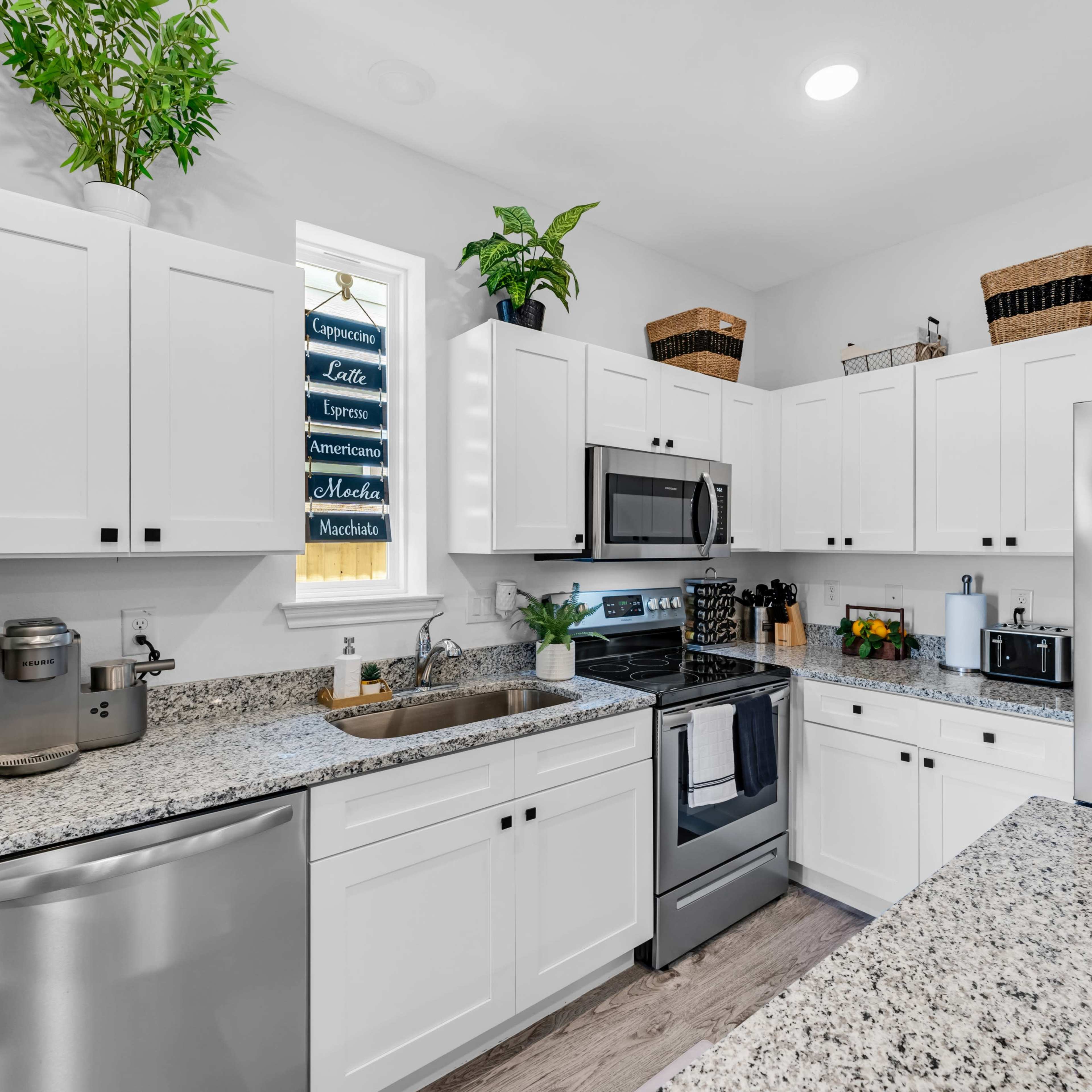 A modern kitchen features white cabinetry, a granite countertop, stainless steel appliances, and plants for decoration.