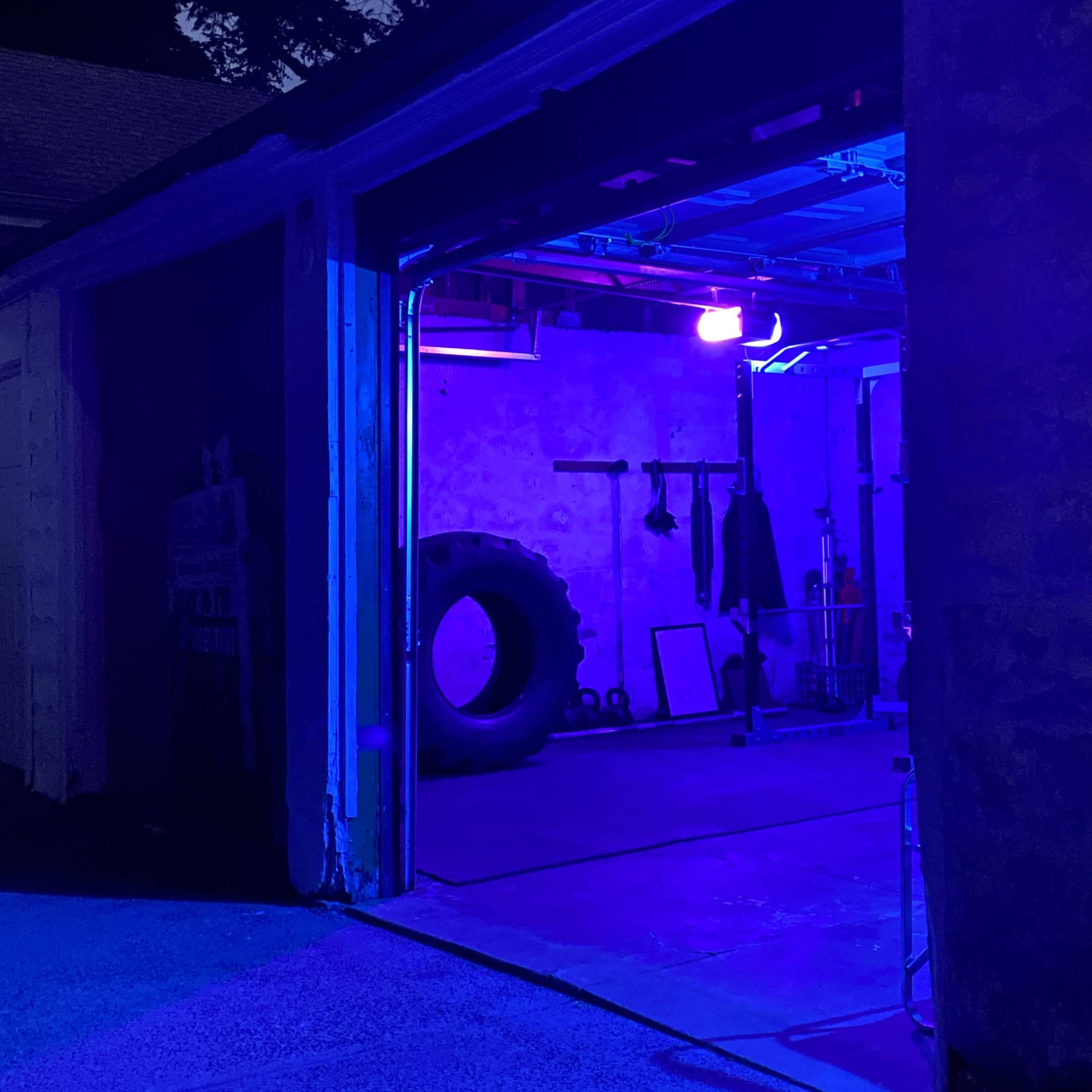 A garage is illuminated by blue light, revealing a tire and exercise equipment inside.