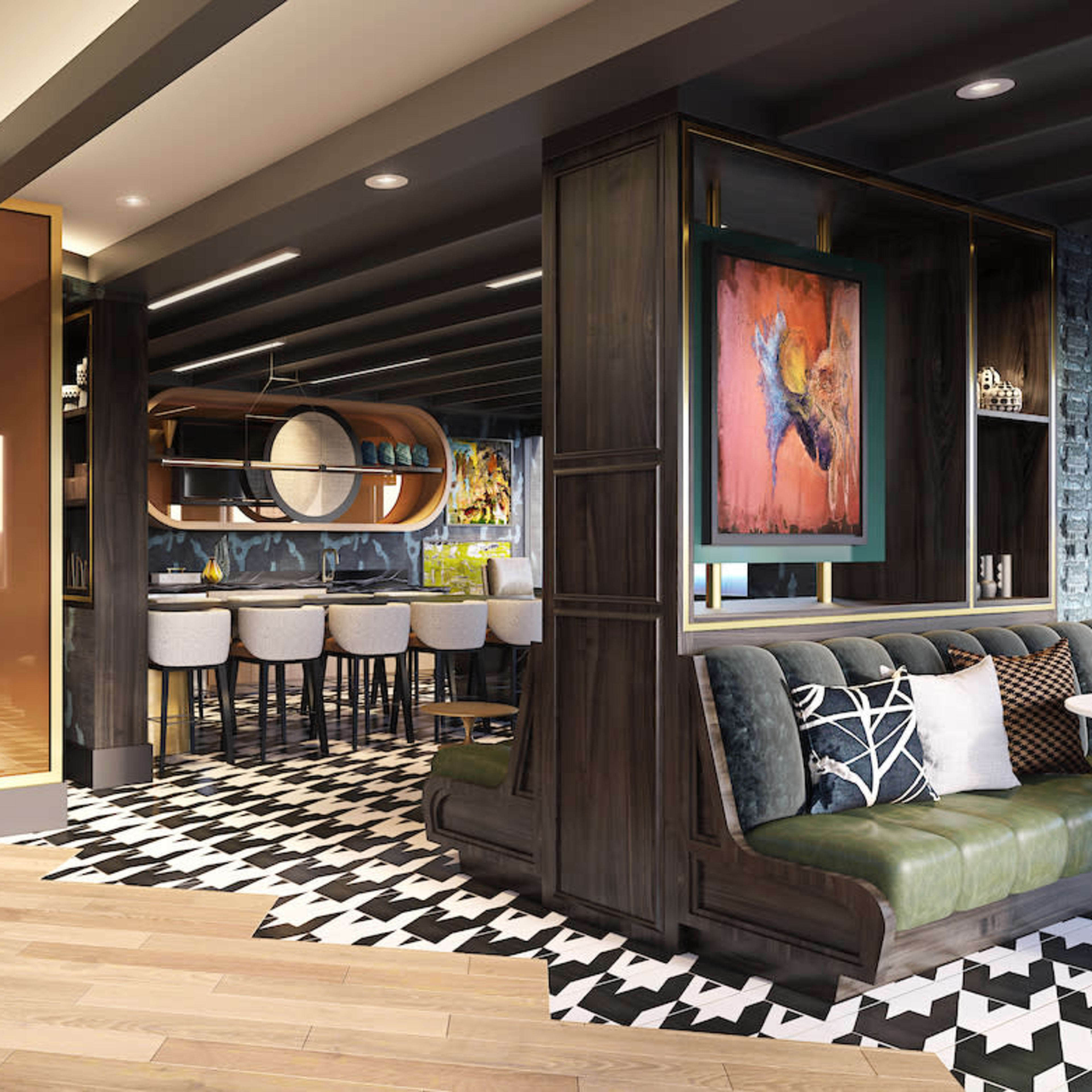 A modern lounge area with stylish seating, a bar, and artistic wall decorations.