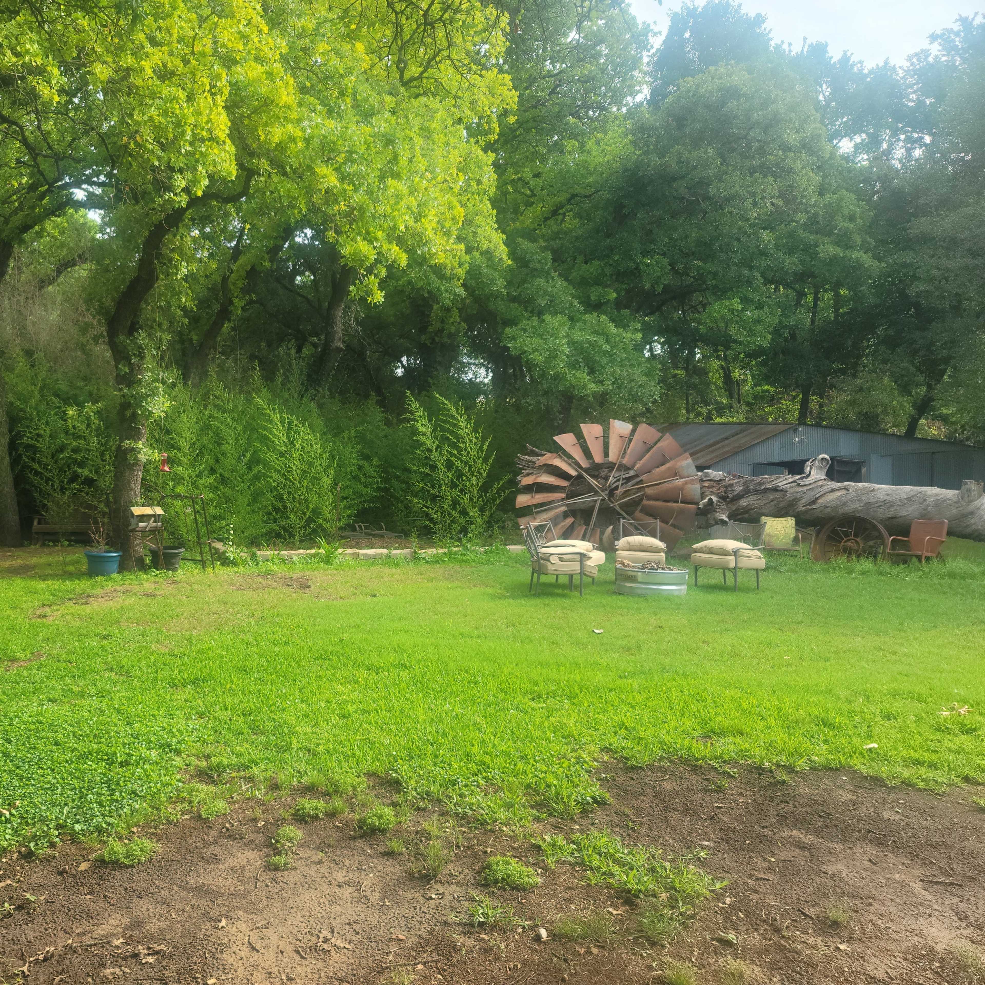 A grassy outdoor area with trees, garden chairs, and a large windmill in the background.