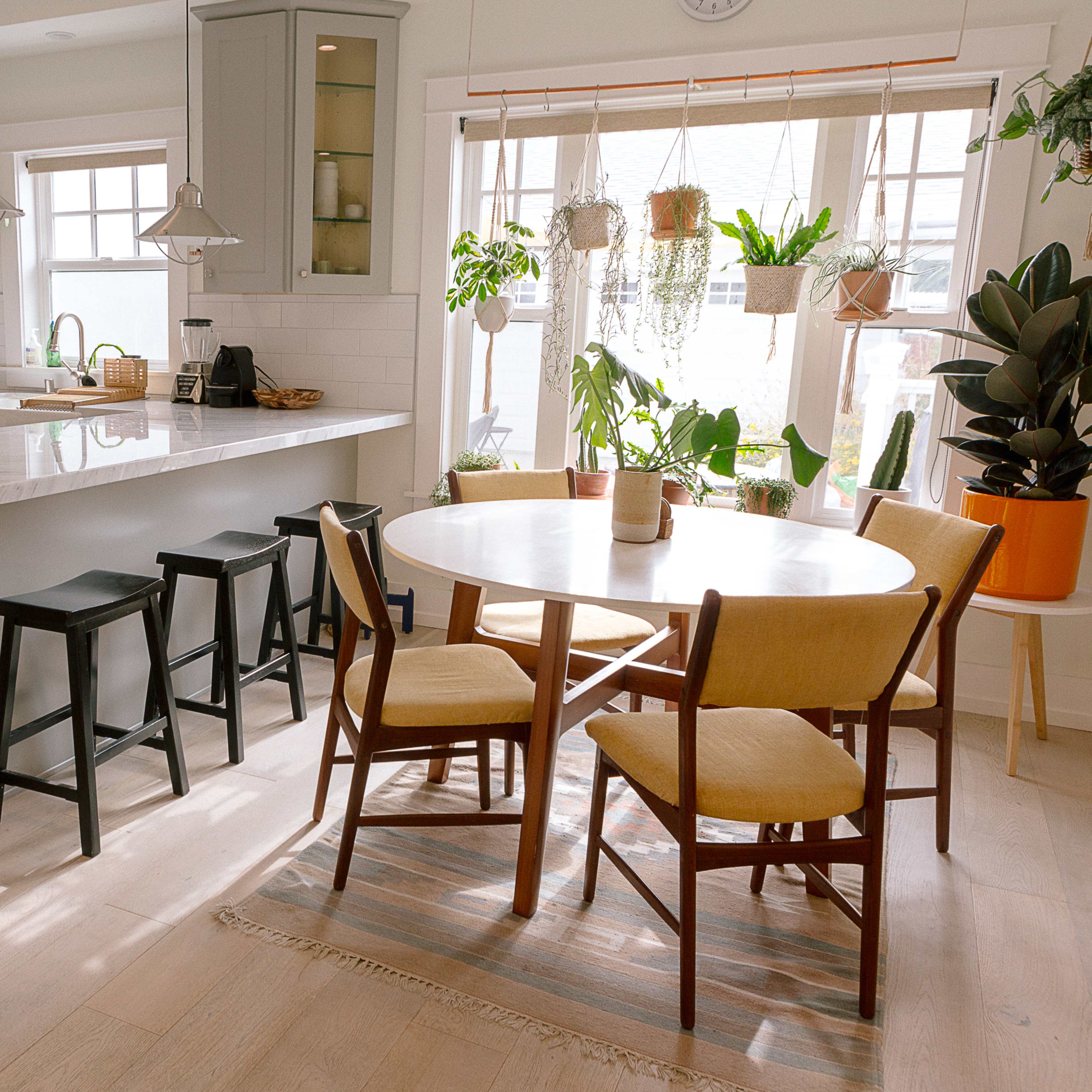 A modern kitchen features a central island with seating, a dining table with wooden chairs, plants hanging in the window, and stainless steel appliances.