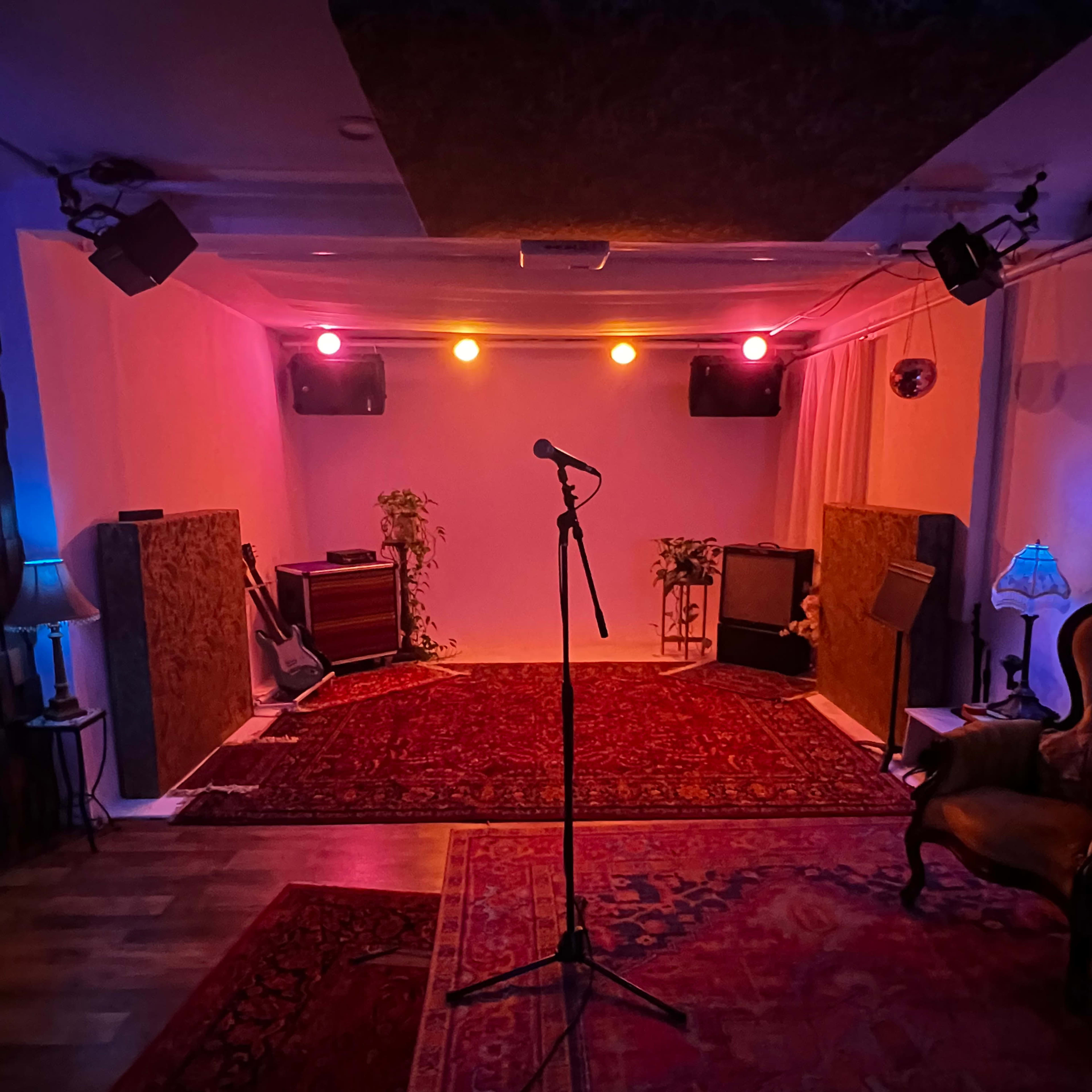 A music rehearsal studio featuring a microphone stand on a patterned rug, surrounded by amplifiers, plants, and dim lighting.