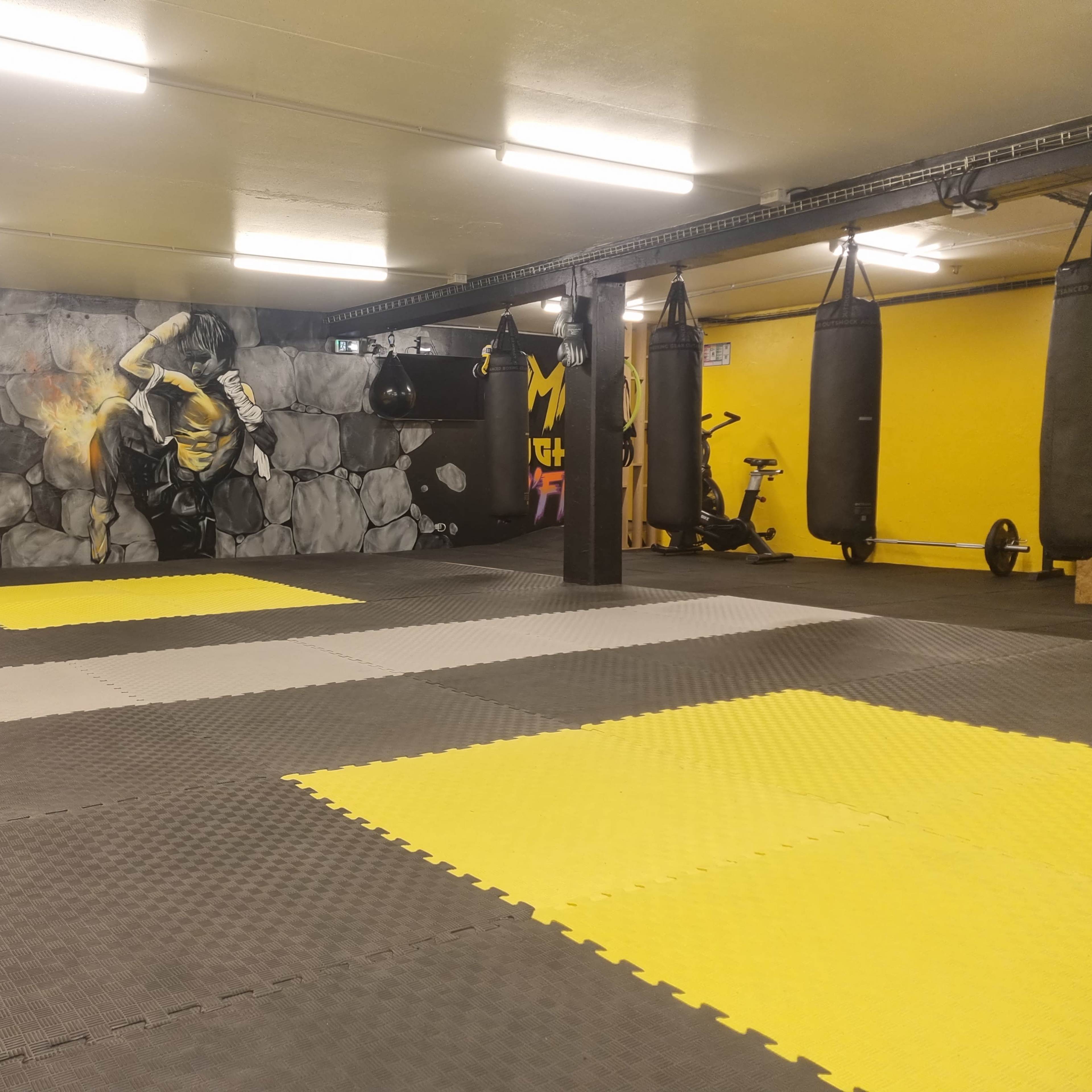 A training gym featuring yellow and gray mat flooring, punching bags hanging from the ceiling, and a mural on the wall depicting a climber.
