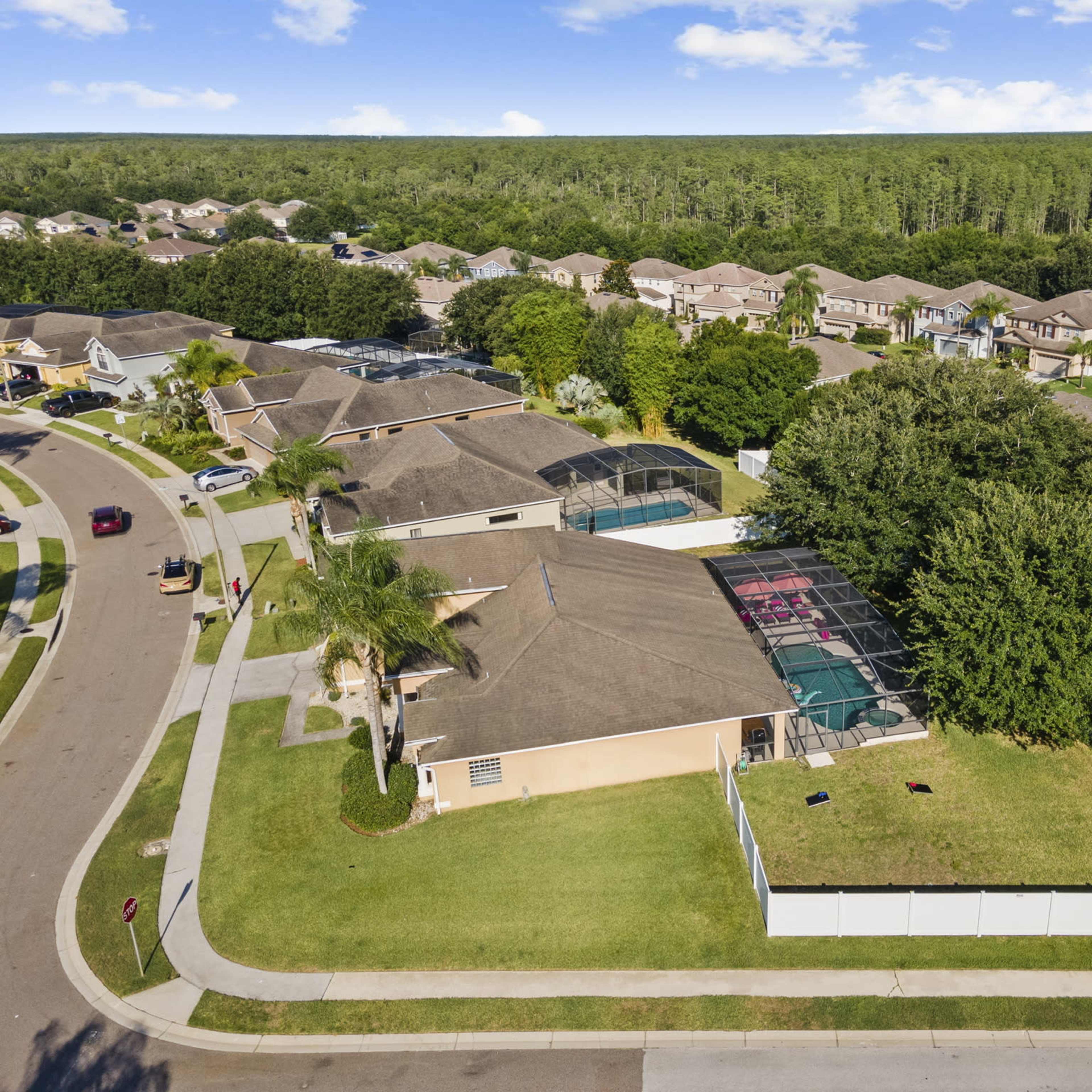 Aerial view of a suburban neighborhood with houses, trees, and a green lawn.