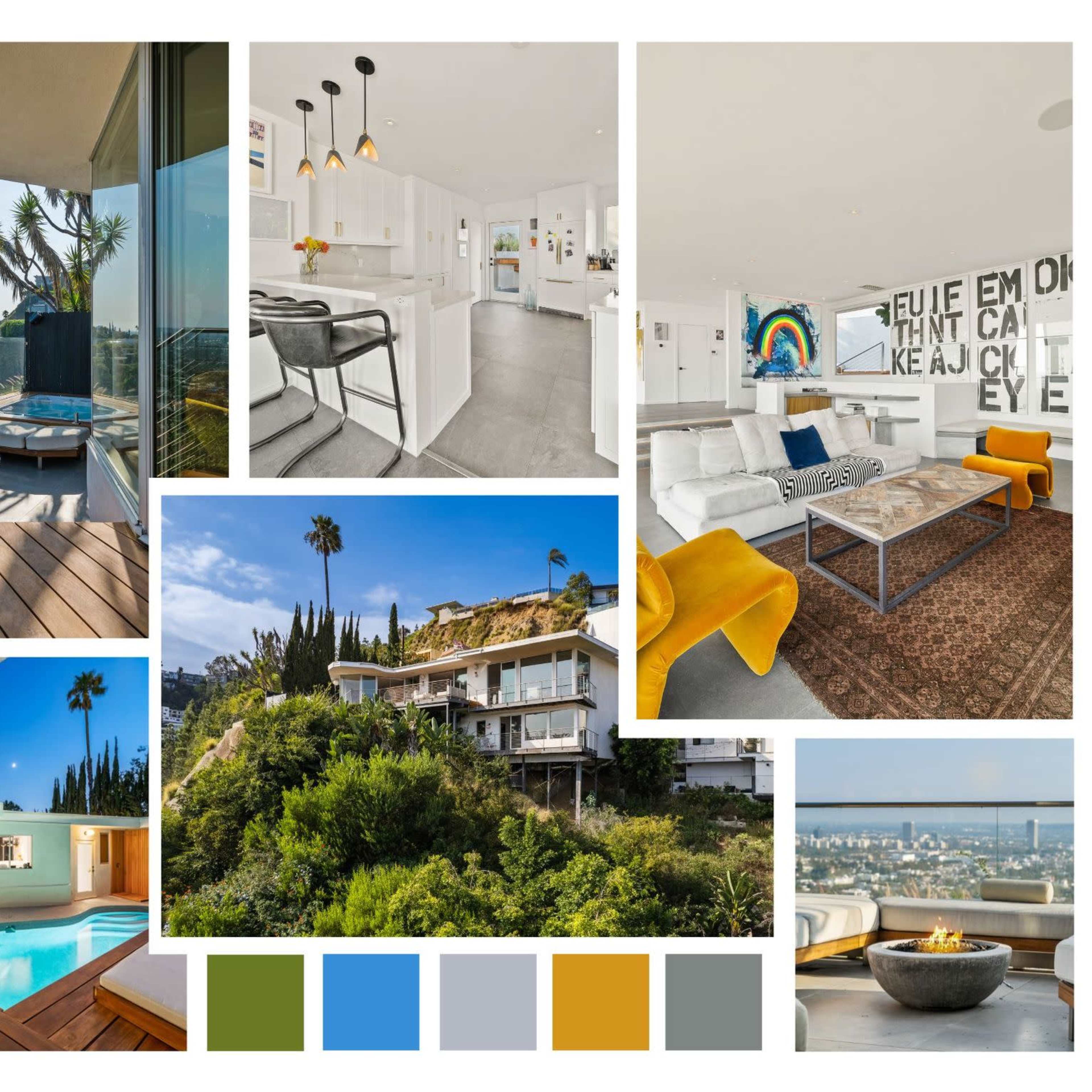 A modern home featuring a pool, stylish living spaces, and views of greenery and city landscapes.