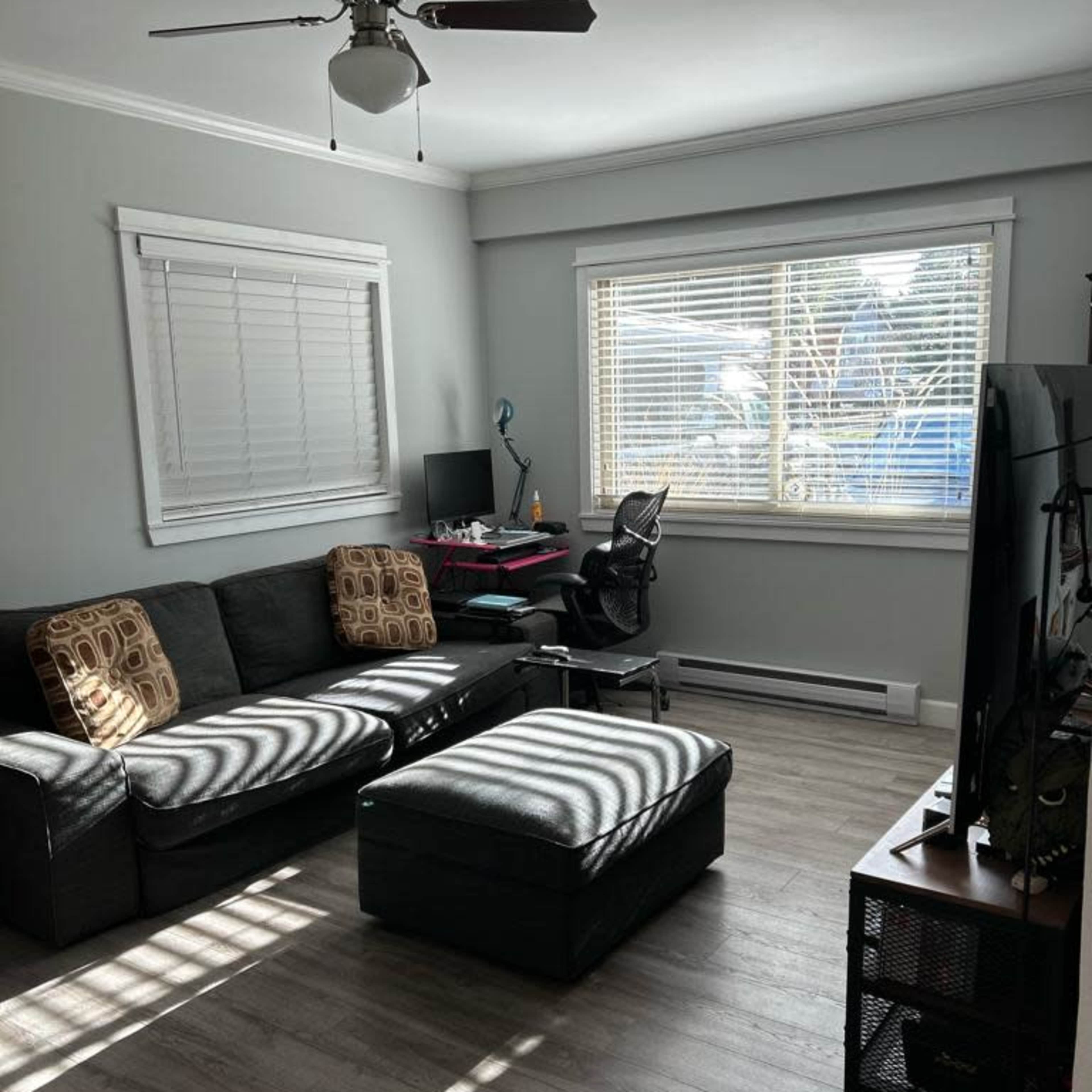 A living room with a dark-colored sofa, an ottoman, a desk with a chair, and a television against a wall, all illuminated by natural light streaming through the windows.