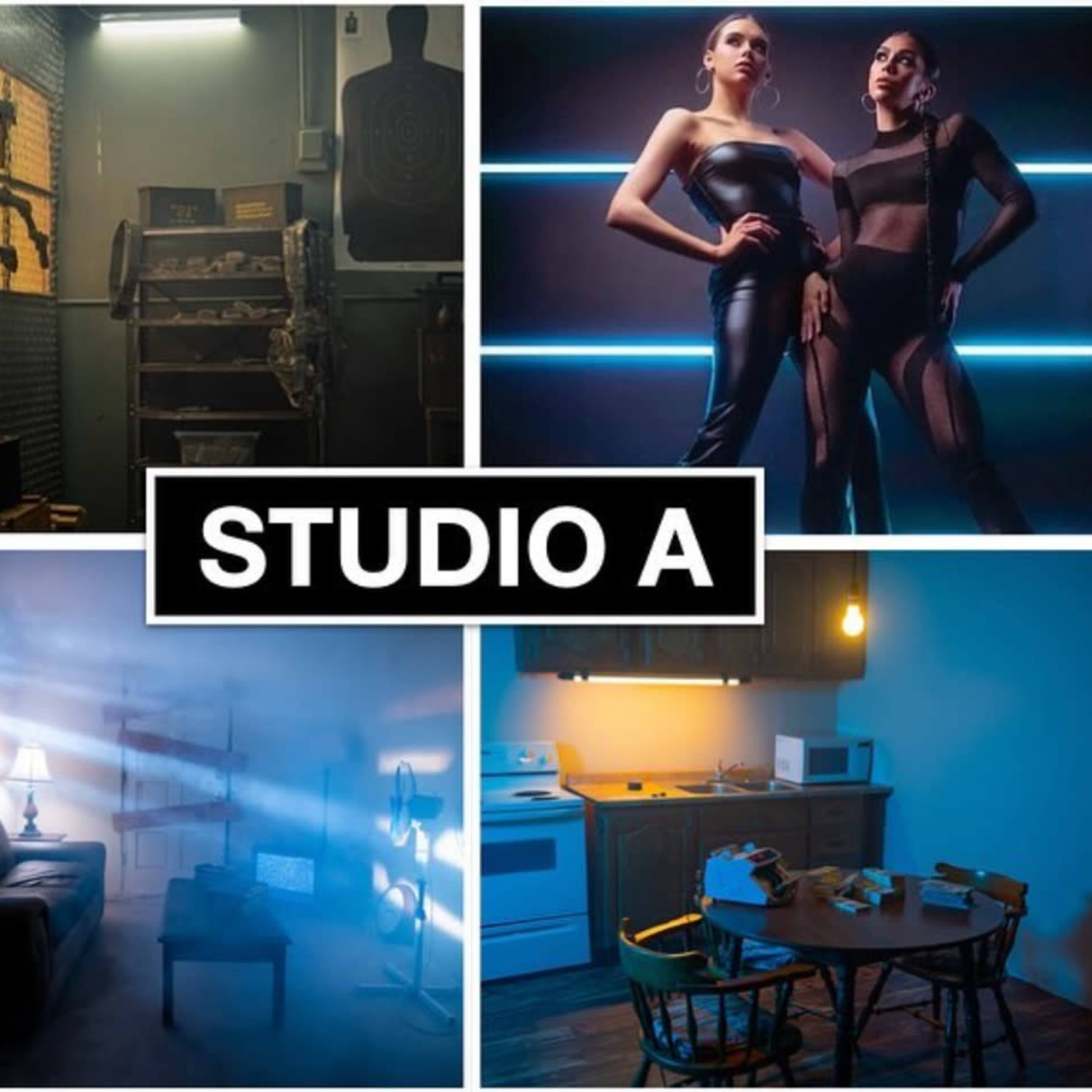 Four distinct scenes: a gun storage area, two models posing under blue lights, a dimly lit living room with a couch, and a kitchen dining area illuminated by ambient light.