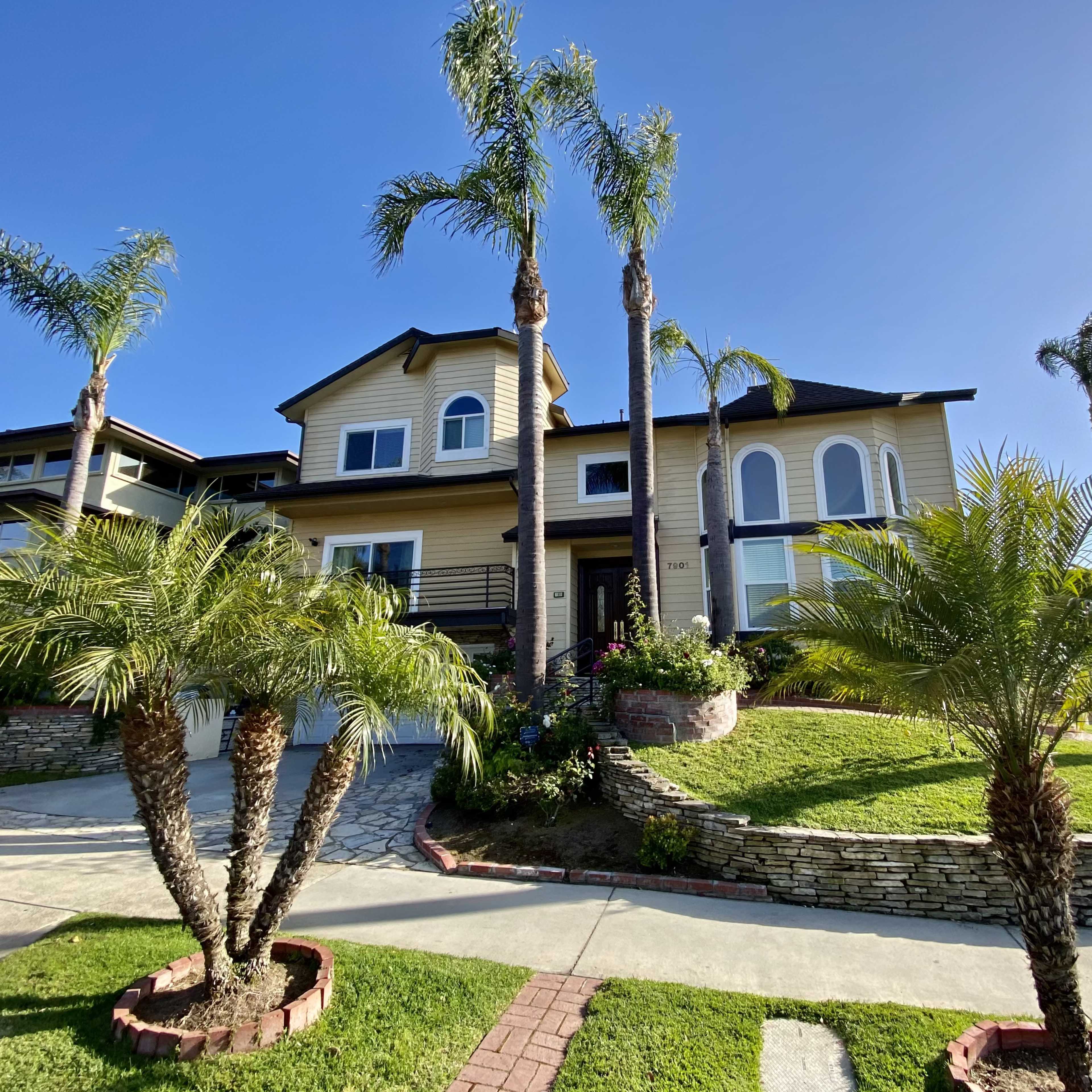 A two-story house with a large front yard and palm trees is situated on a paved driveway.