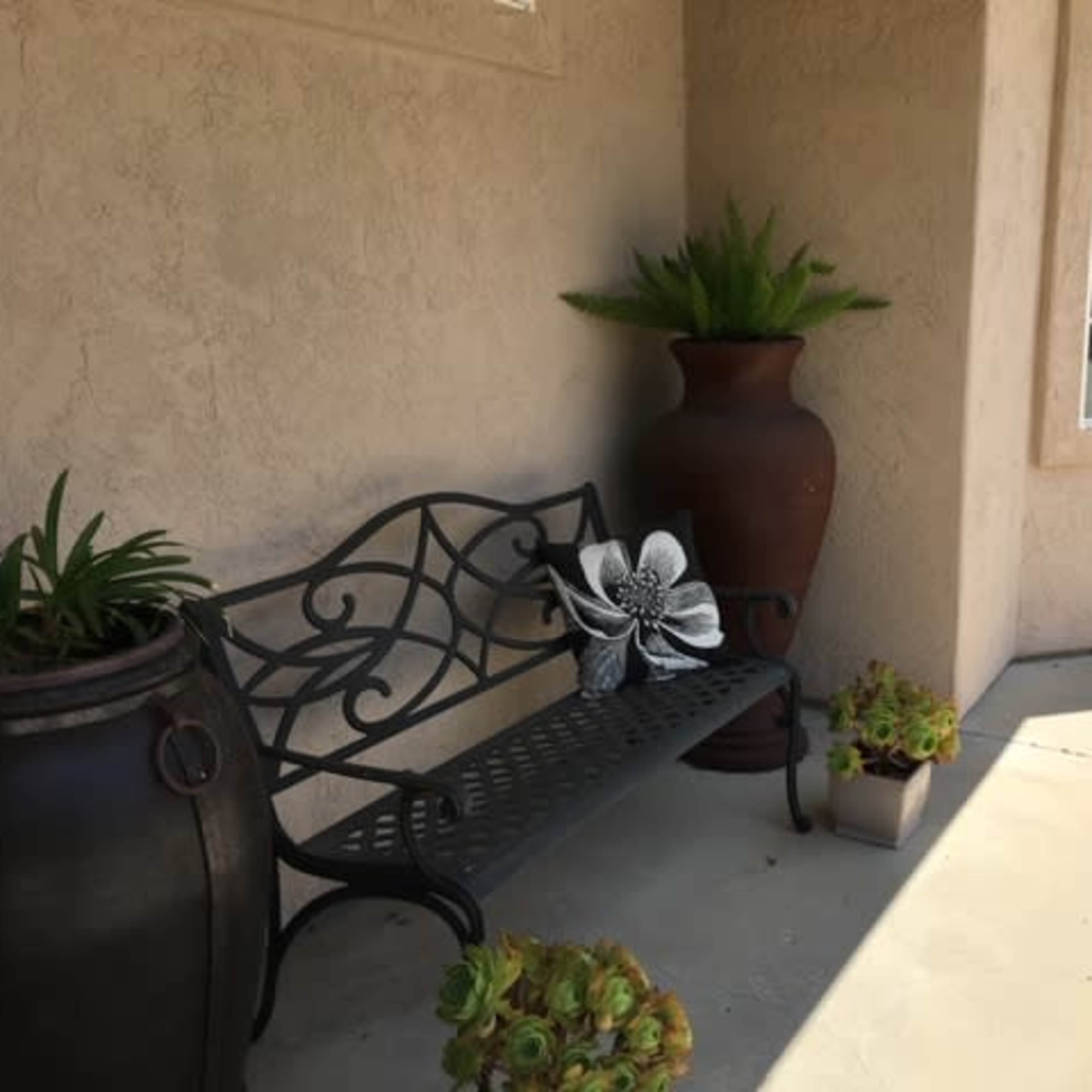 A wrought iron bench beside a large ceramic pot and various plants on a concrete patio.