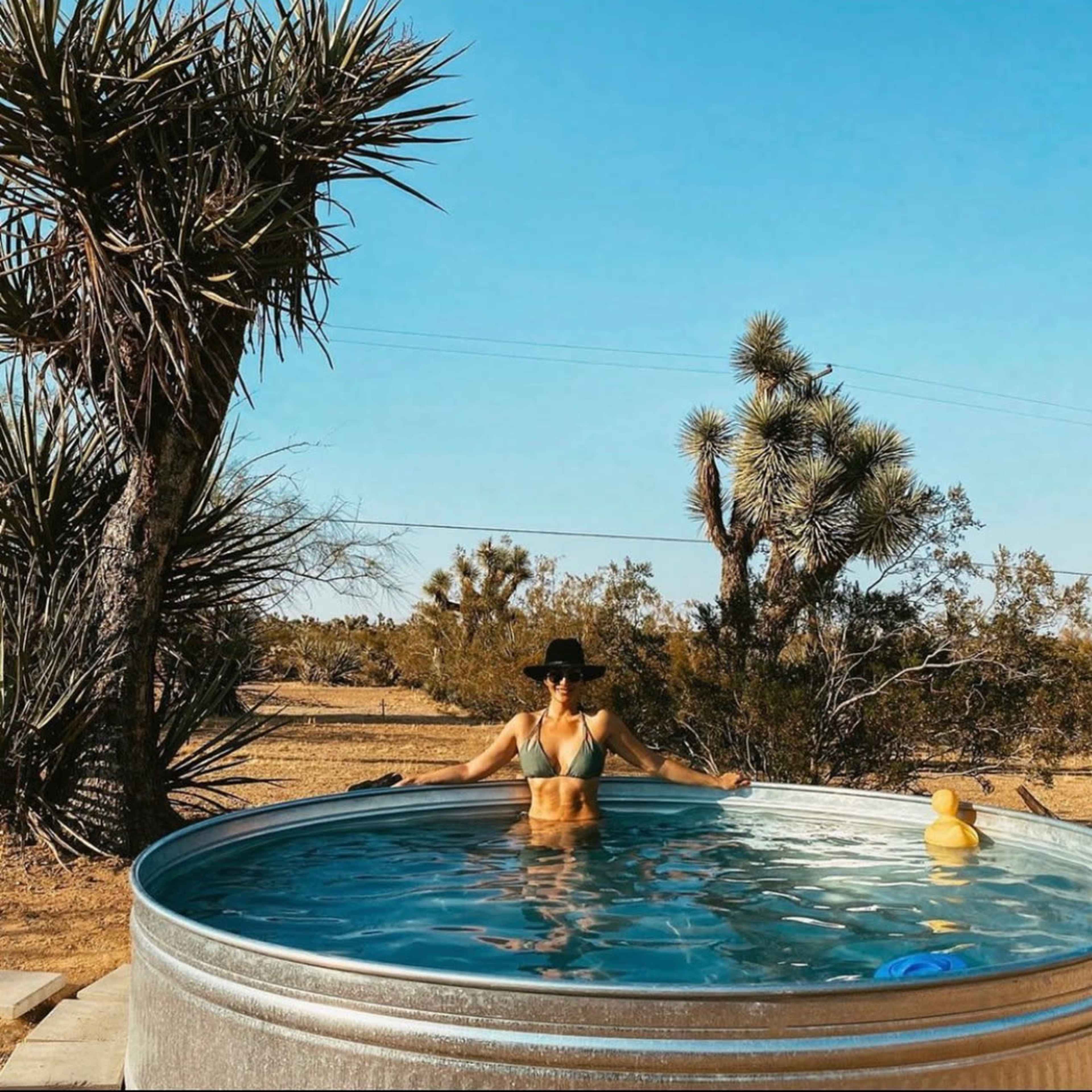 A person in a bikini sits in a metal tub filled with water, surrounded by desert vegetation and clear blue skies.