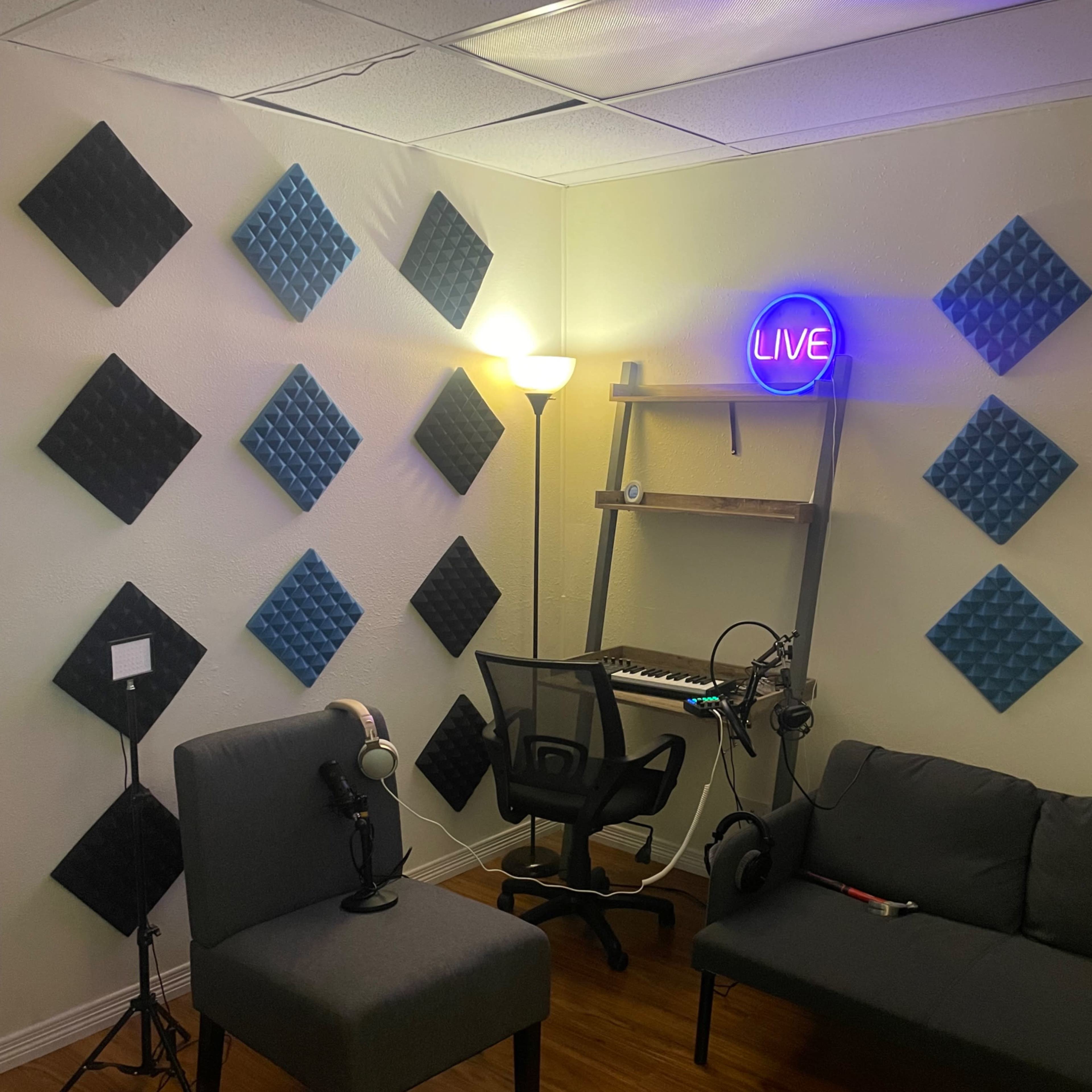 A small recording studio with acoustic panels on the walls, a keyboard on a shelf, a microphone setup, and a couch in the corner.