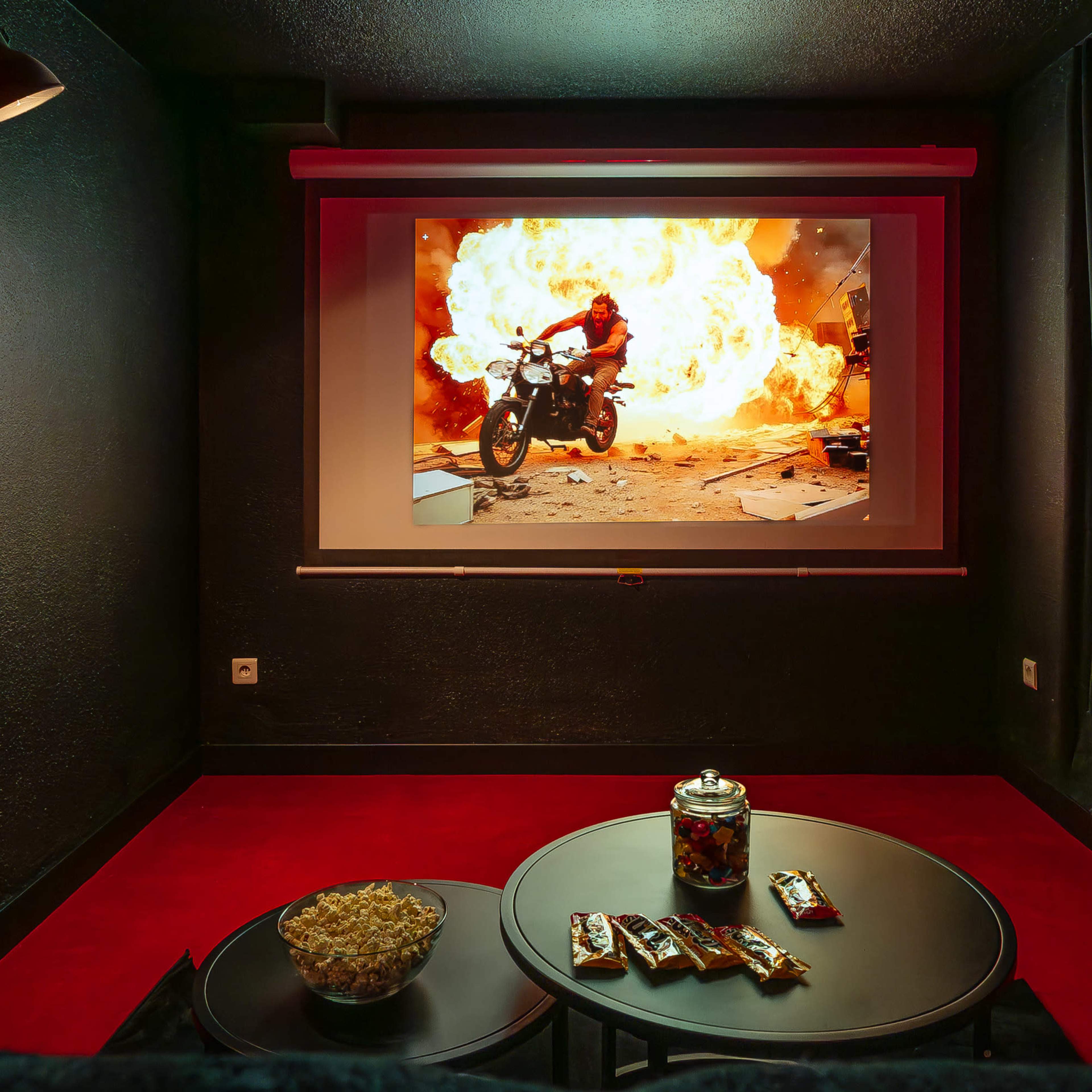 A home theater features a large screen displaying a motorcycle scene with an explosion, surrounded by a cozy seating area and snack tables.