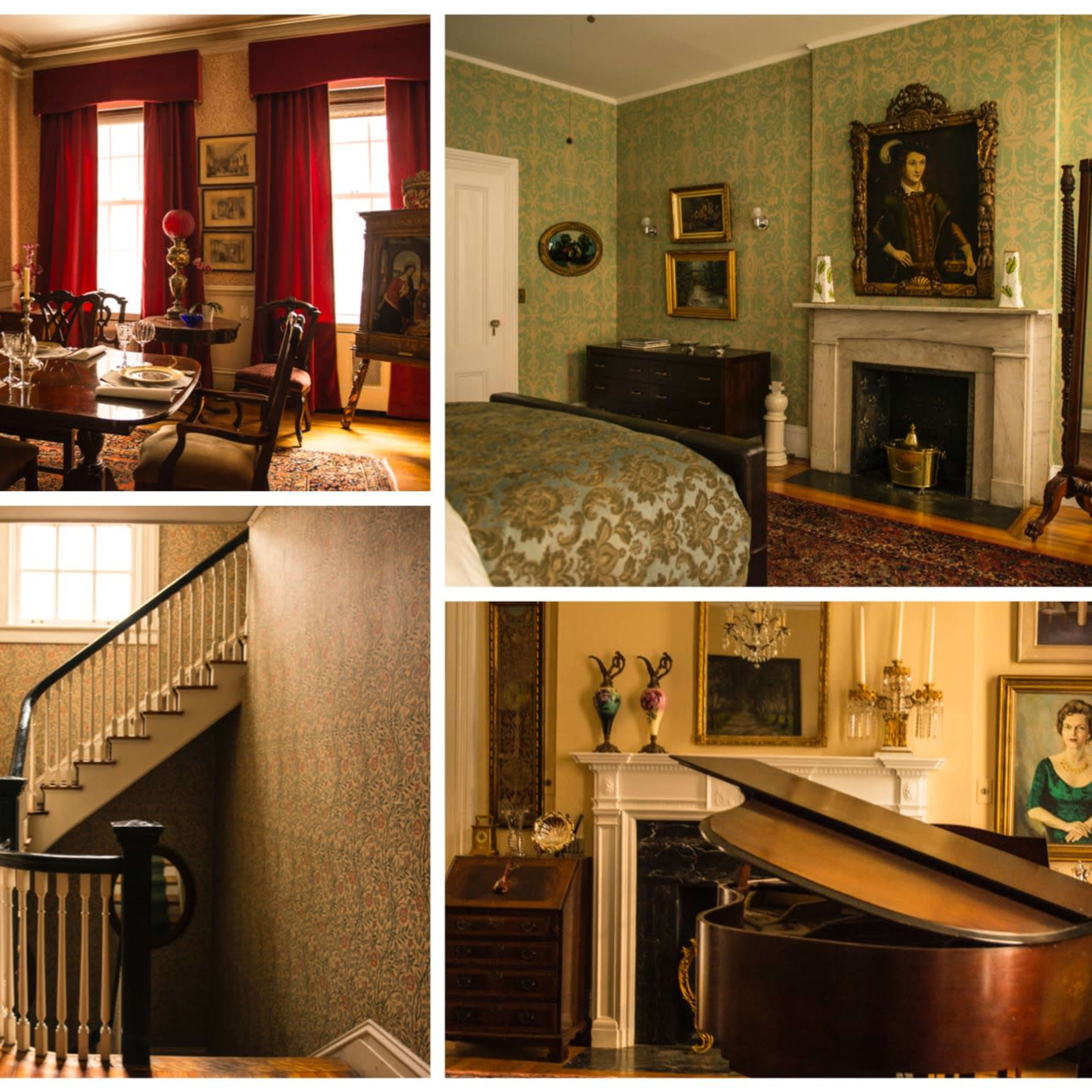 A multi-room interior of a vintage home, featuring a dining room, bedroom, staircase, and a music room with a grand piano, all adorned with classic decor and artwork.
