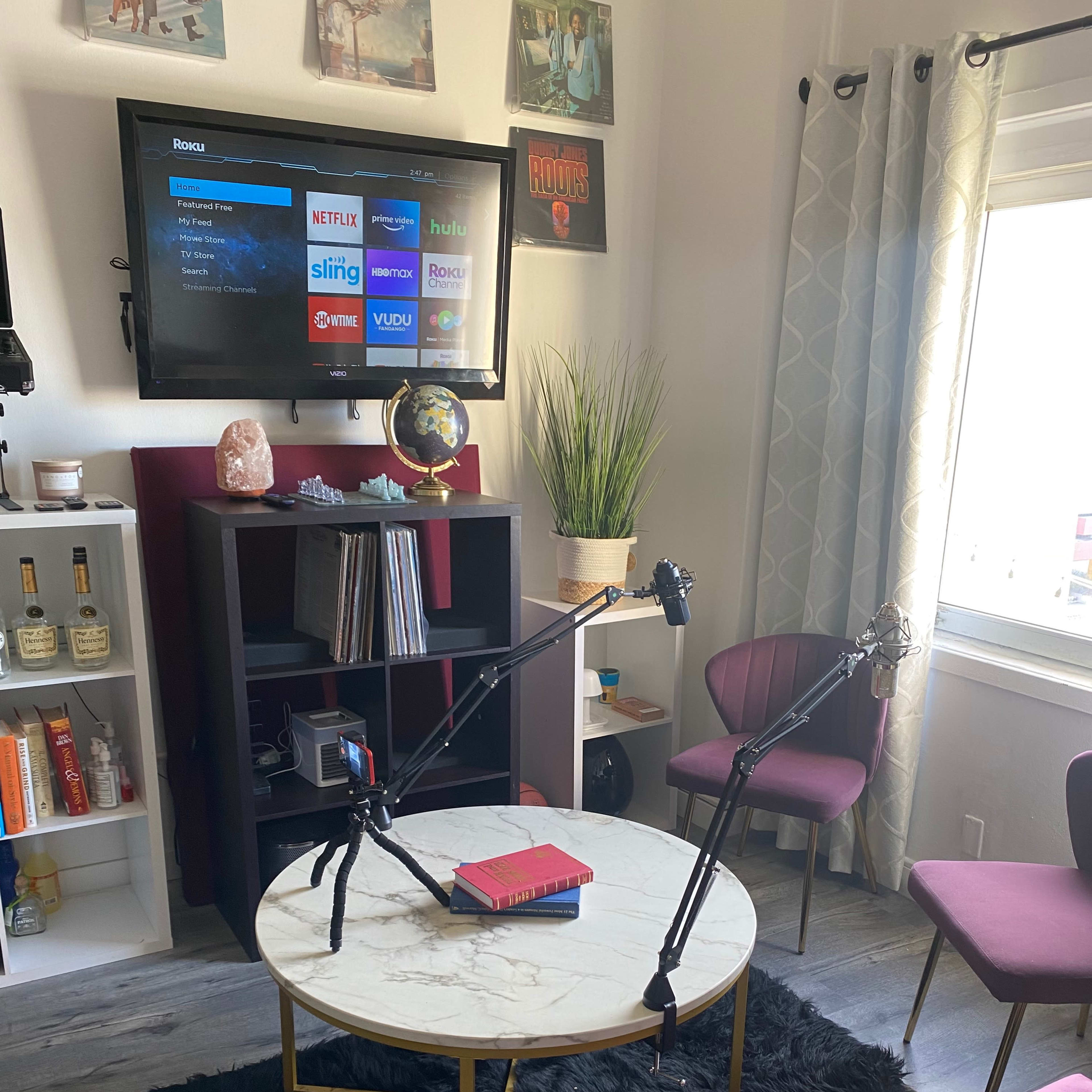A cozy living space featuring a coffee table with books, two microphones mounted on stands, a television displaying streaming service options, and various decorative elements in the background.