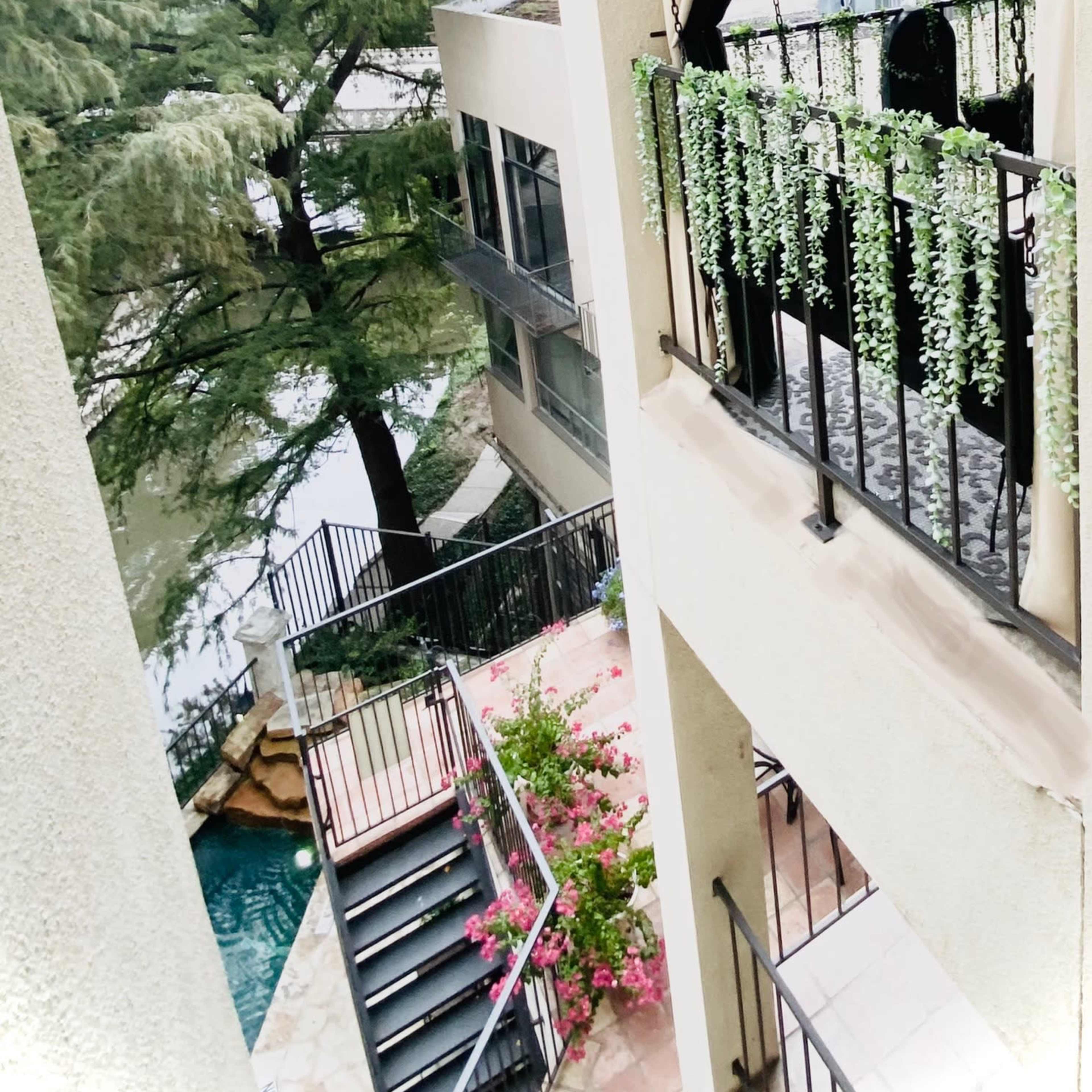 A balcony adorned with greenery, overlooking a pool area surrounded by trees and colorful flowers.