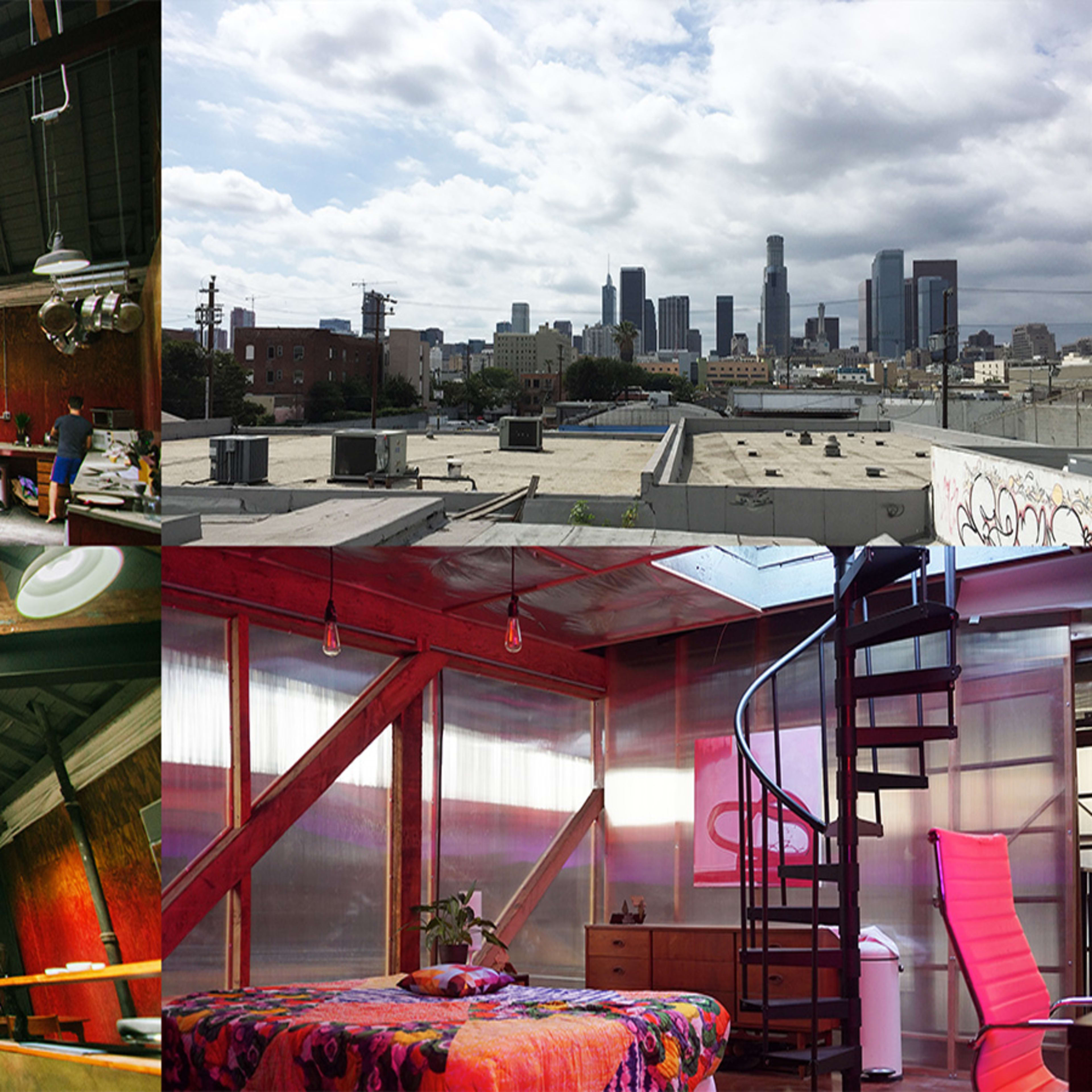 A split view of a modern loft with exposed wooden beams and a spiral staircase, alongside a city skyline in the background under a cloudy sky.