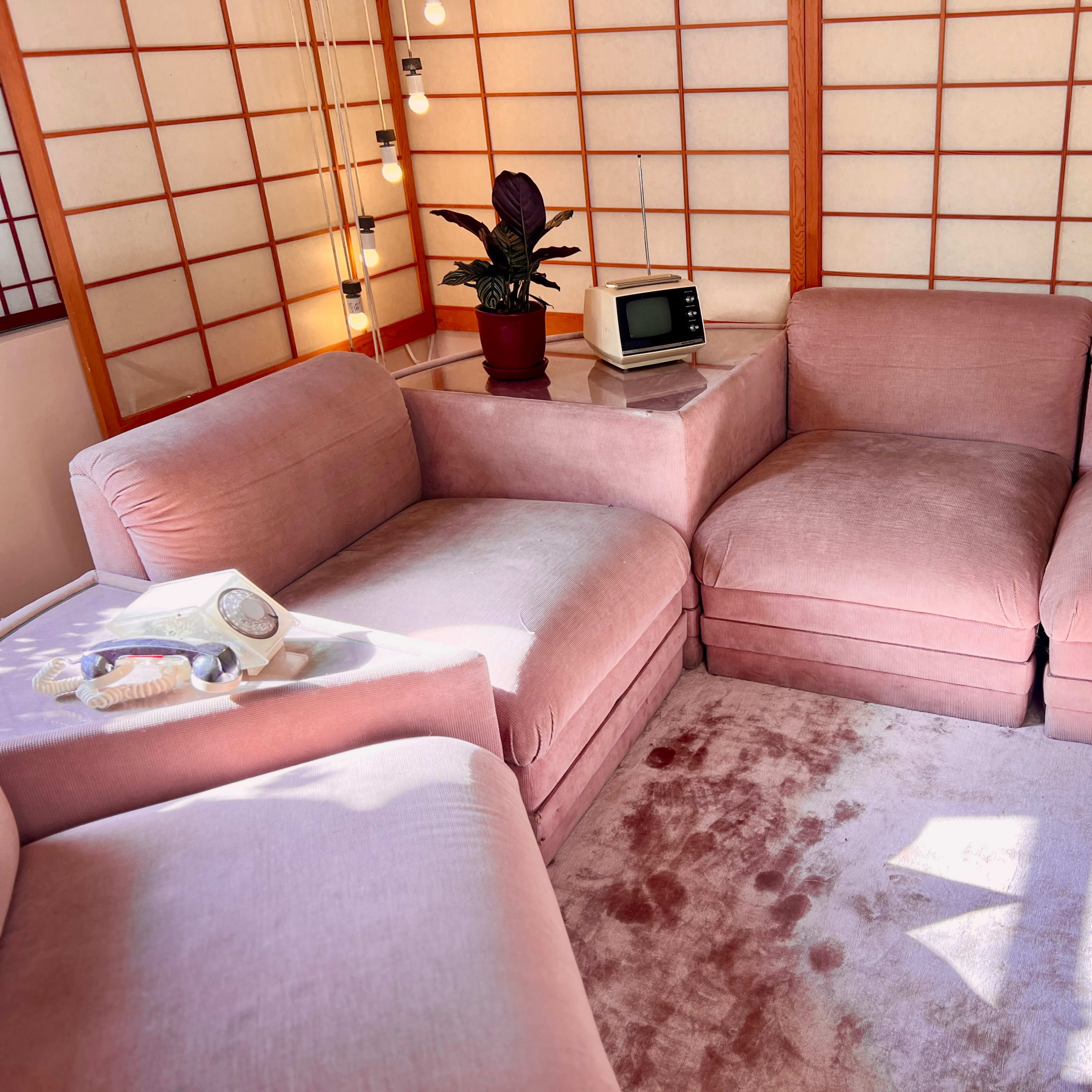 A cozy seating area with a pink sectional couch, a potted plant, and a small vintage radio on a side table.