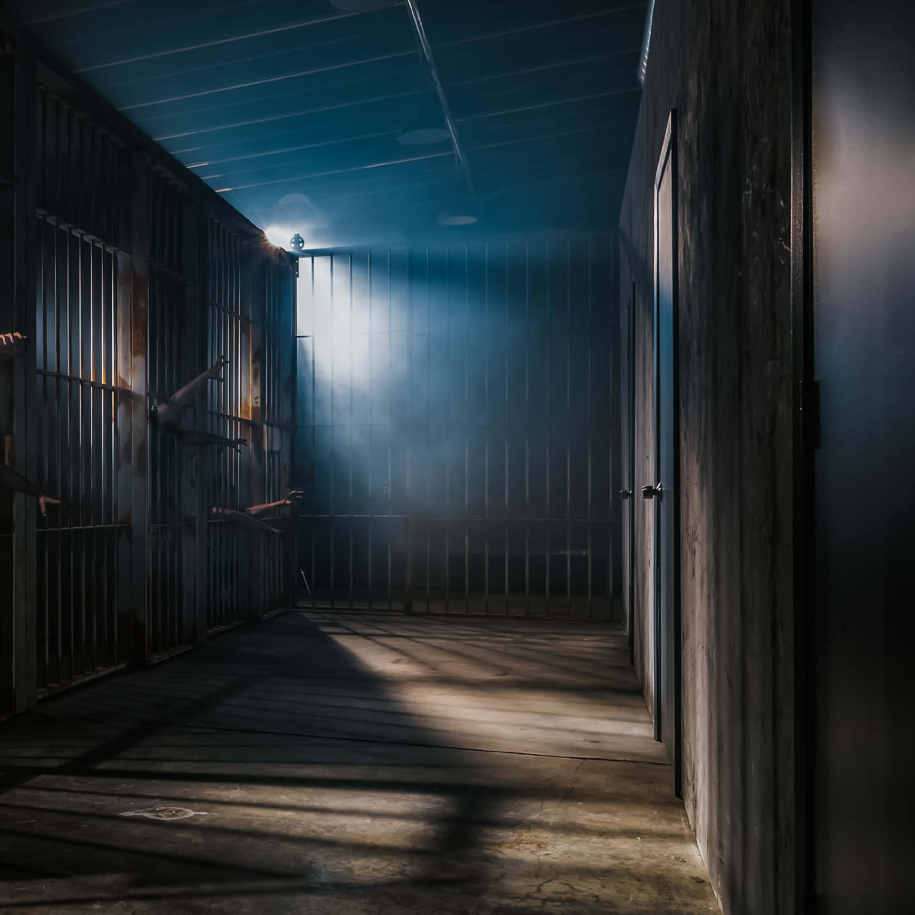 A dimly lit hallway features several jail cells with shadows of hands reaching out through the bars.