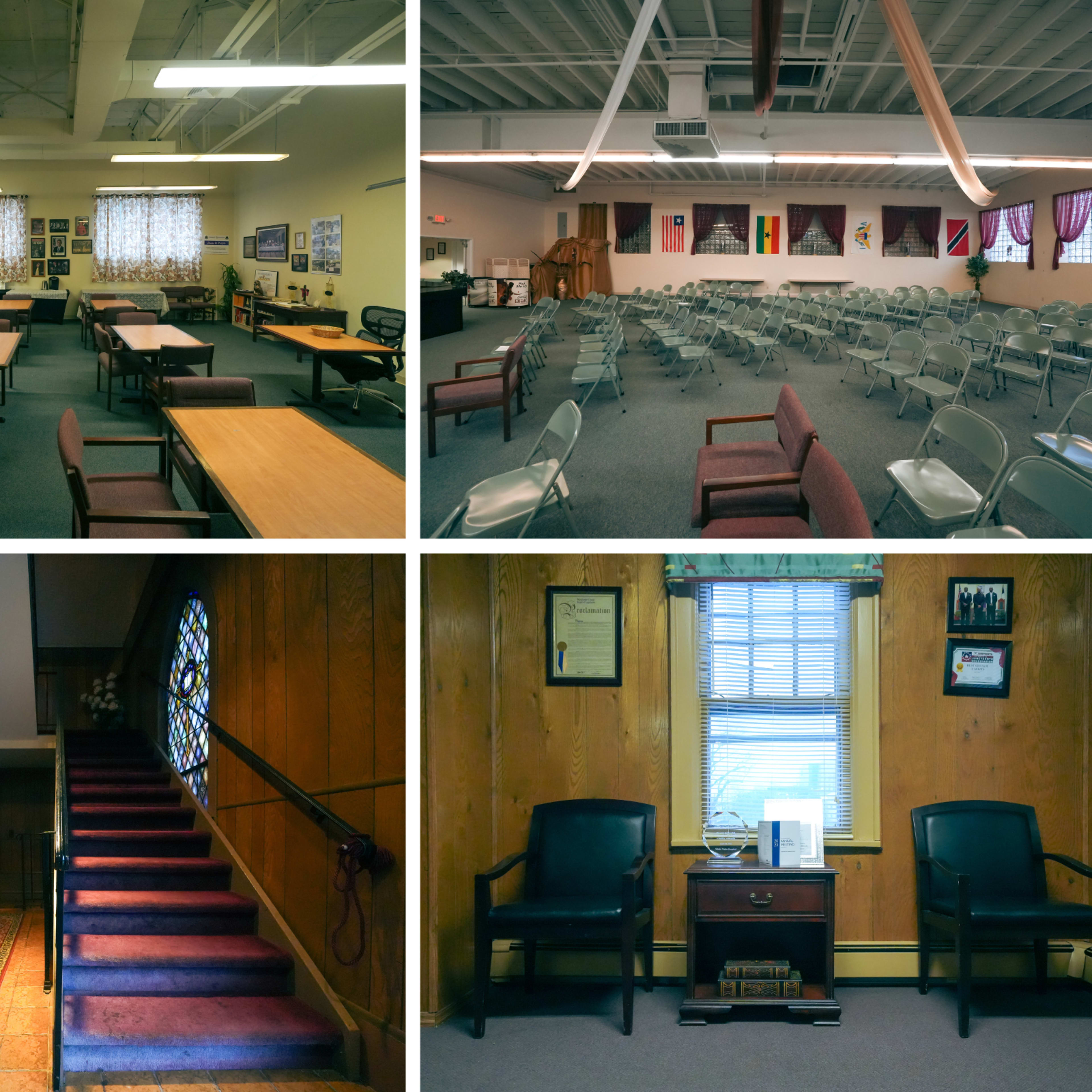 Four different indoor spaces, including classrooms with tables, a room set up for an event with chairs, a stairway leading to an upper level, and a waiting area with two chairs and a desk.