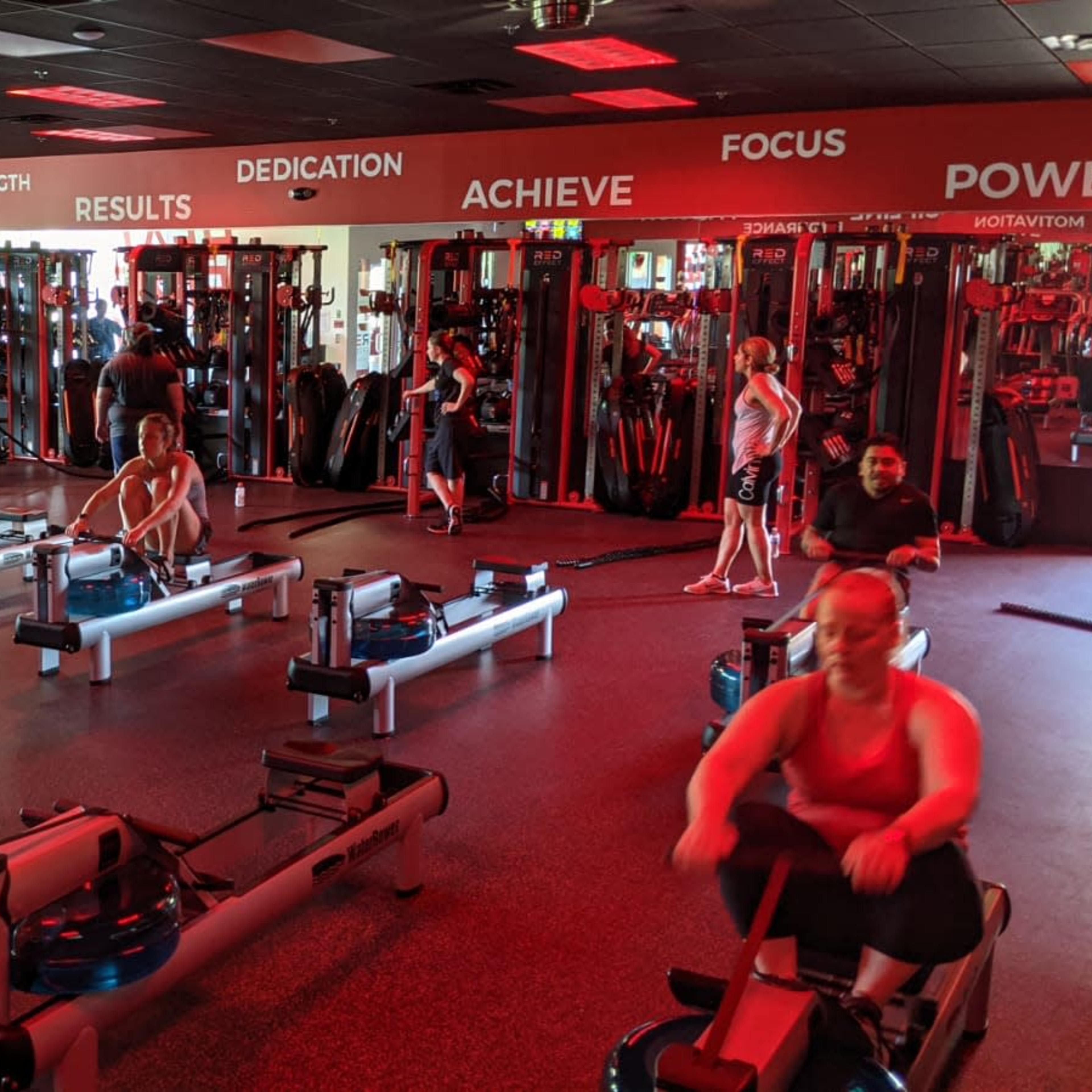 A gym filled with several people using rowing machines and other workout equipment in a vibrant, well-lit space.
