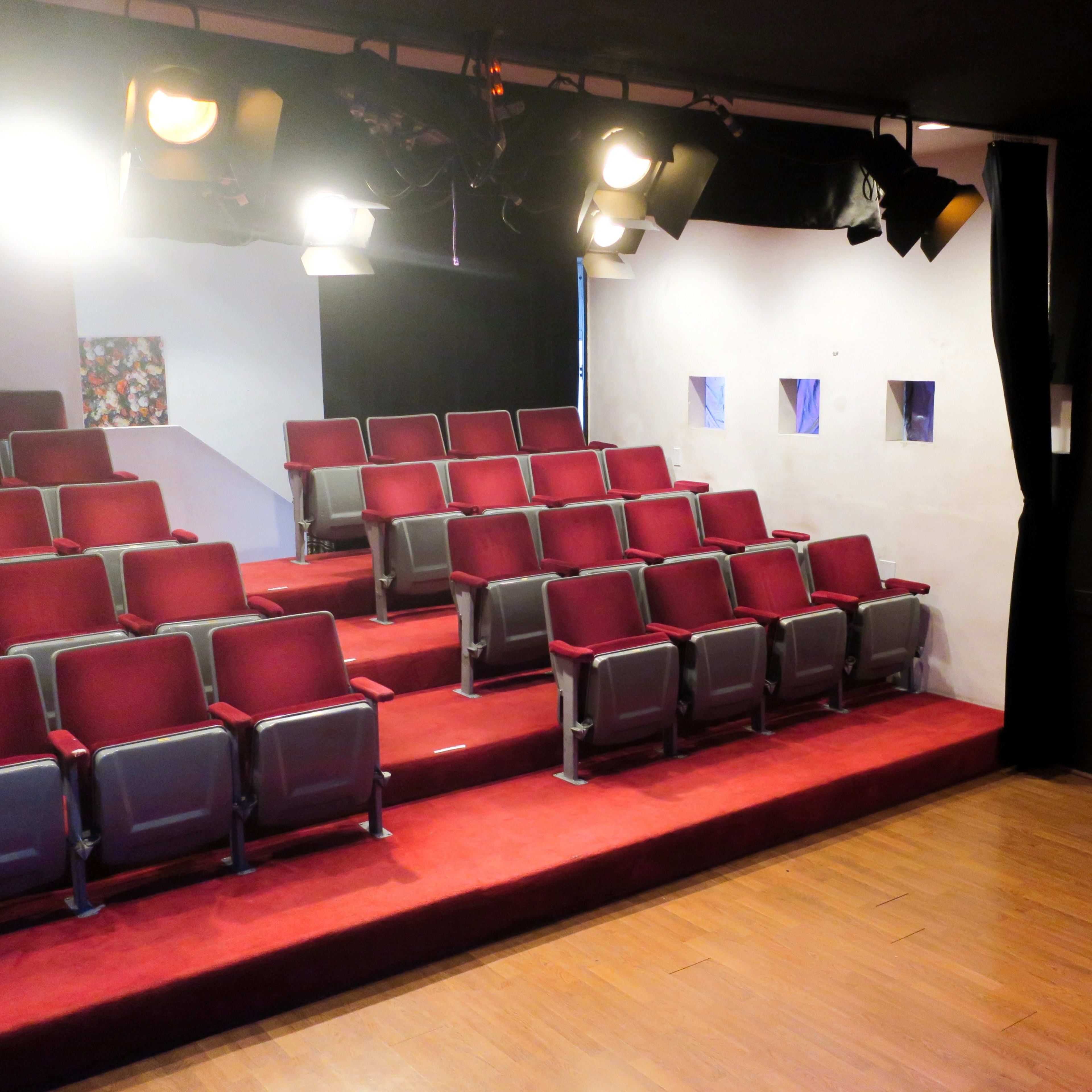 A small theater with red seating arranged in a tiered configuration facing a stage lit by overhead lights.