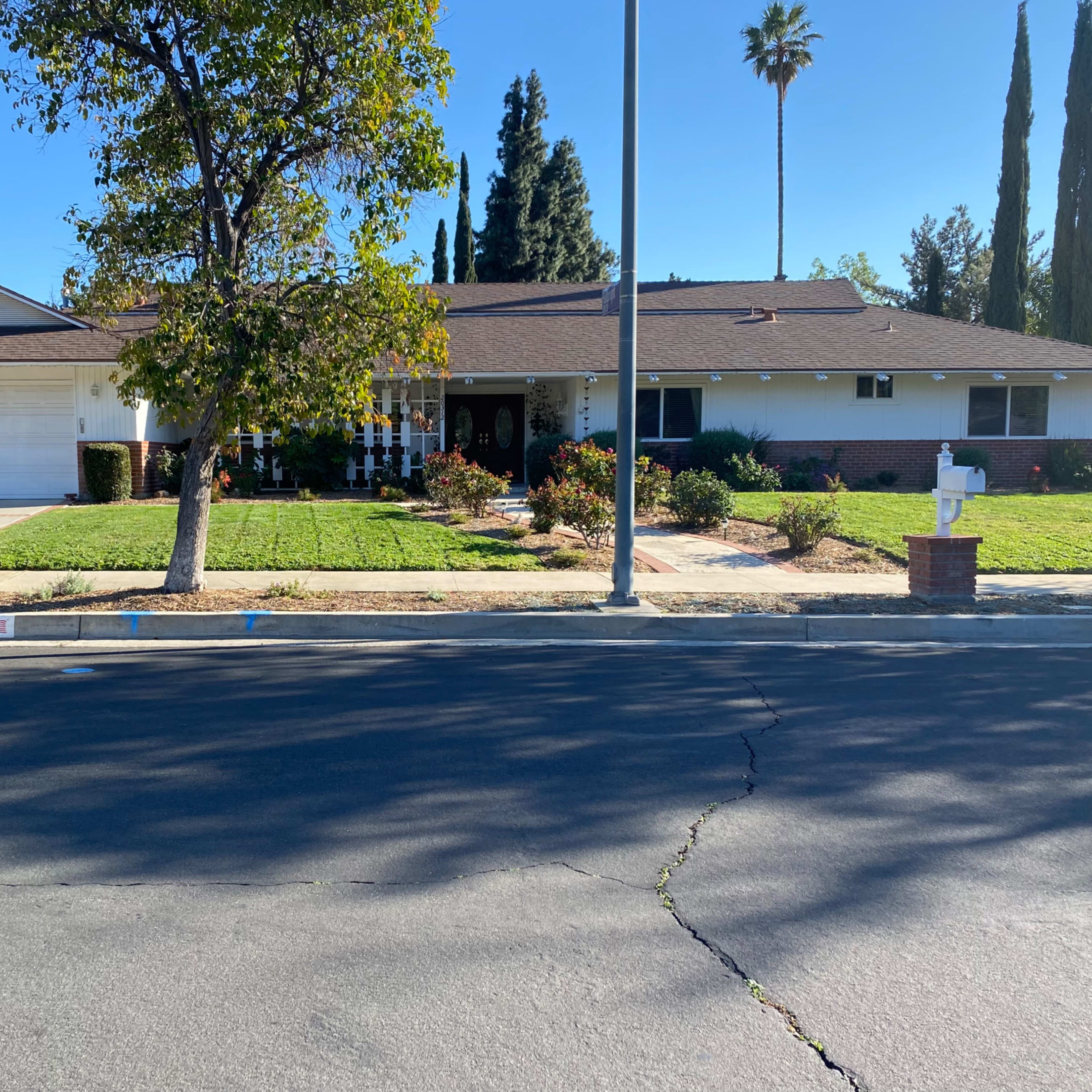 A single-story house with a manicured lawn and tall trees is situated on a quiet residential street.