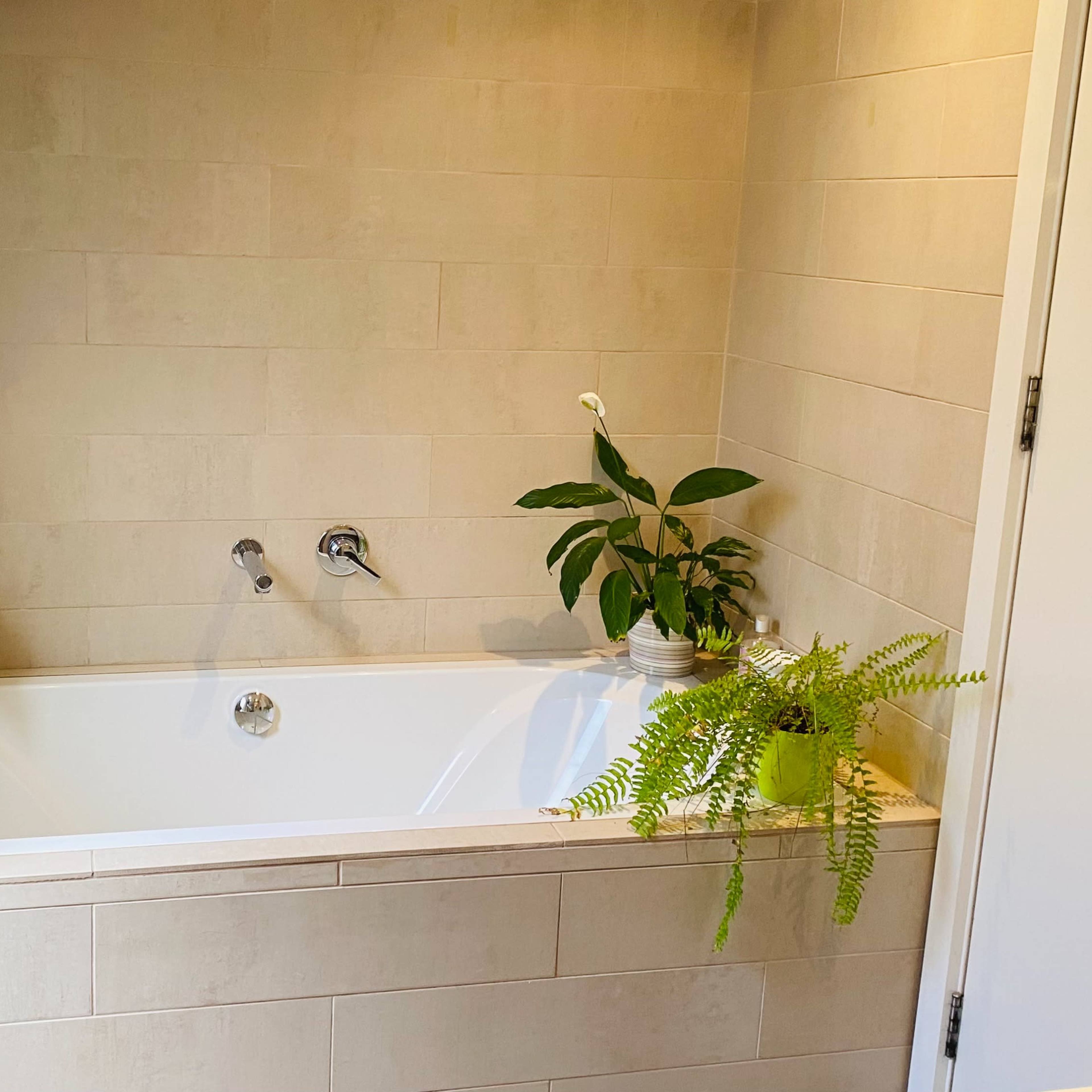 A modern bathroom featuring a freestanding bathtub surrounded by potted plants on either side.