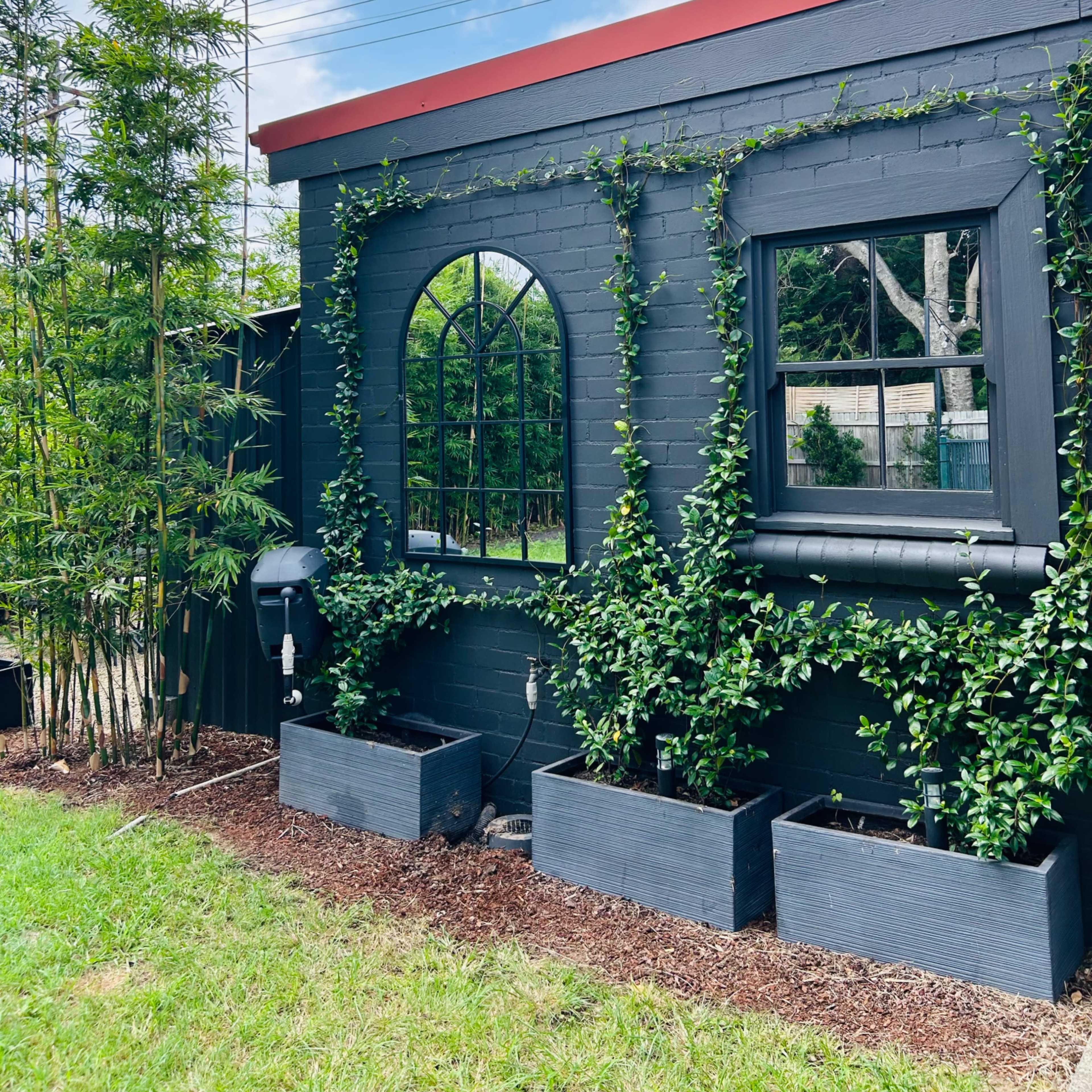 A black-painted building exterior with a red roof, featuring two arched mirrors and green climbing plants along the walls, surrounded by rectangular planters filled with vegetation.