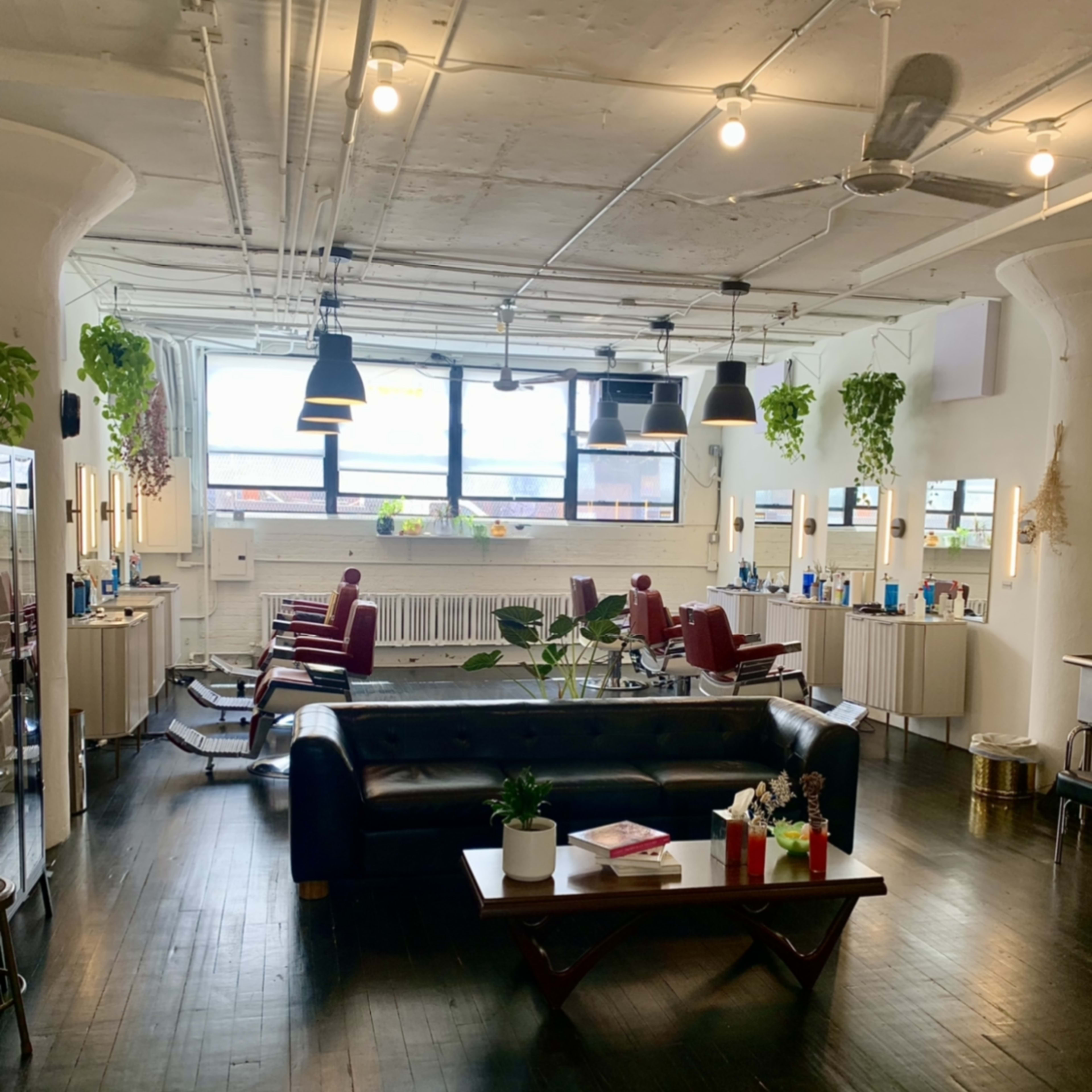 A spacious, modern interior with a seating area featuring a dark sofa, red armchairs, and various plants, illuminated by overhead lighting.