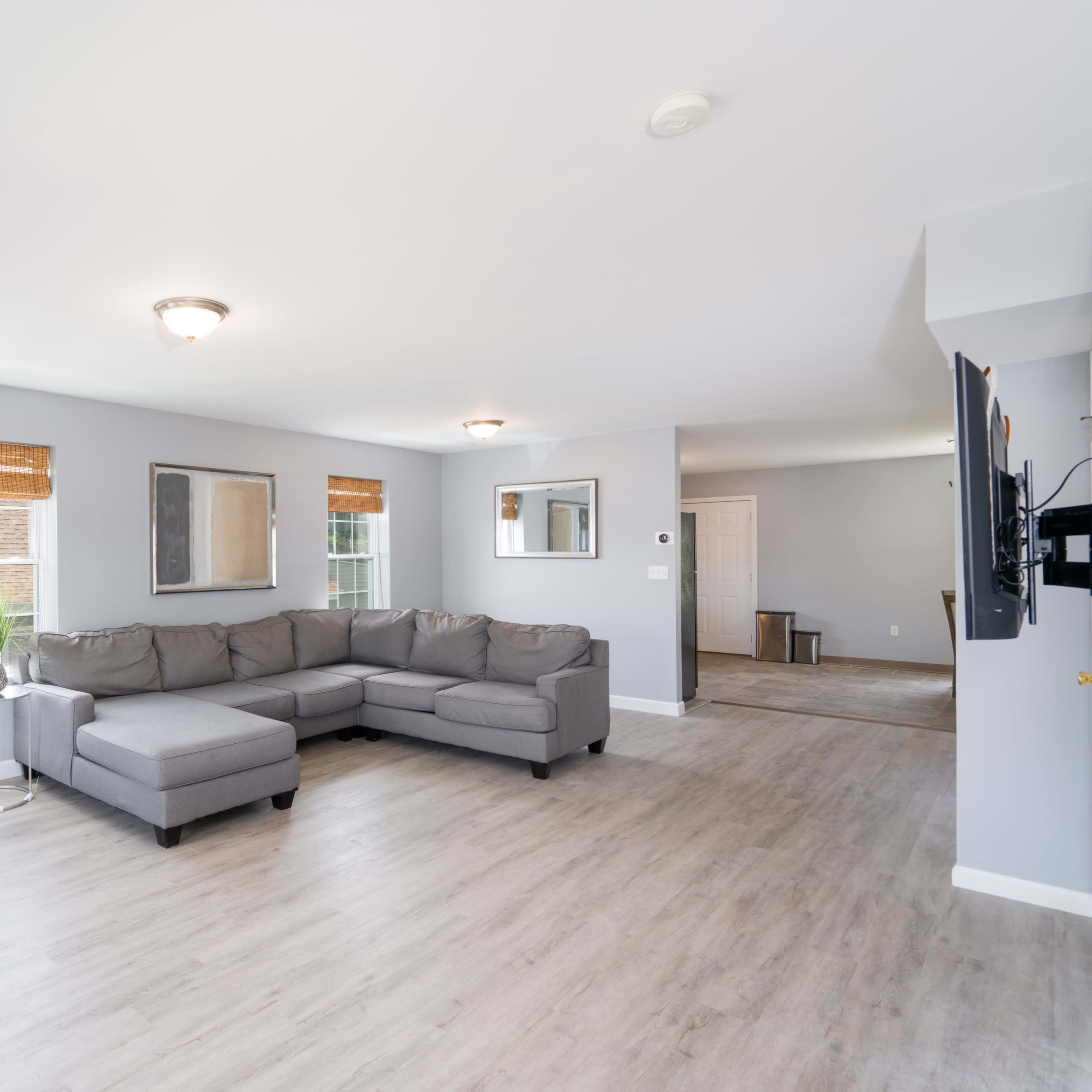 A spacious living room features a gray sectional couch, two windows with bamboo shades, and a potted plant in the corner.