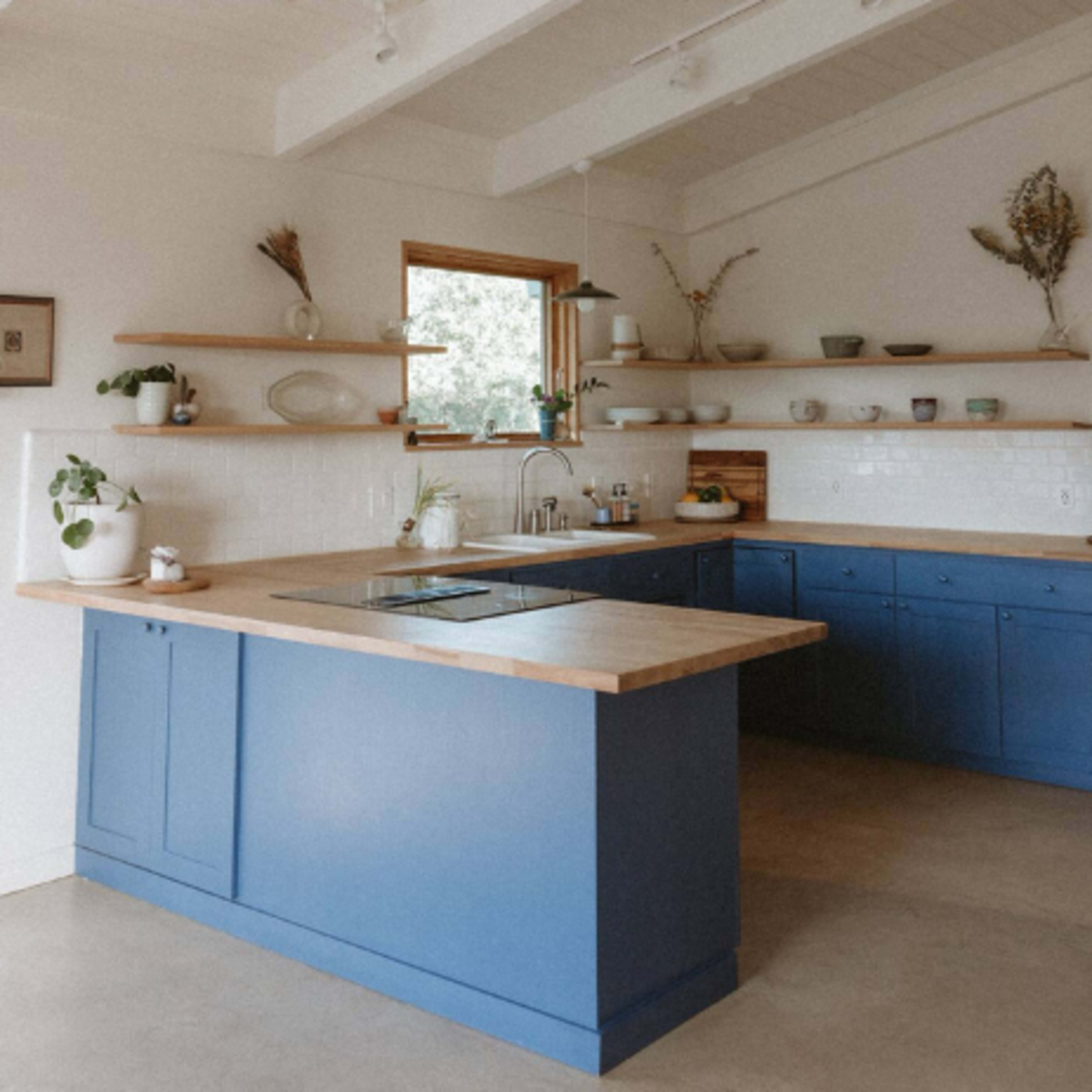 A modern kitchen features a blue island with a wooden countertop and open shelves displaying various dishes and plants.
