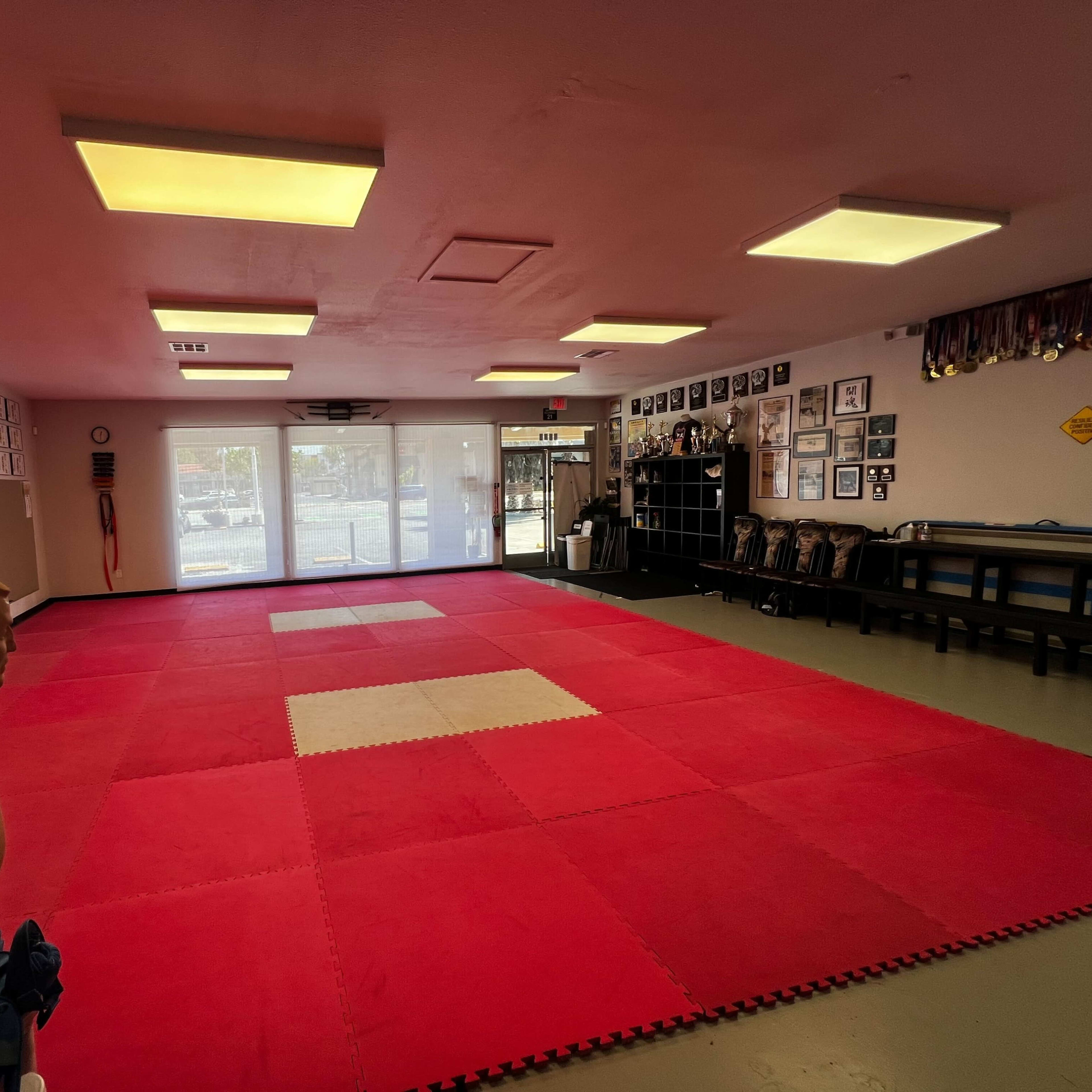 A martial arts training room with red padded flooring, a training dummy, and walls adorned with various accolades and an American flag.