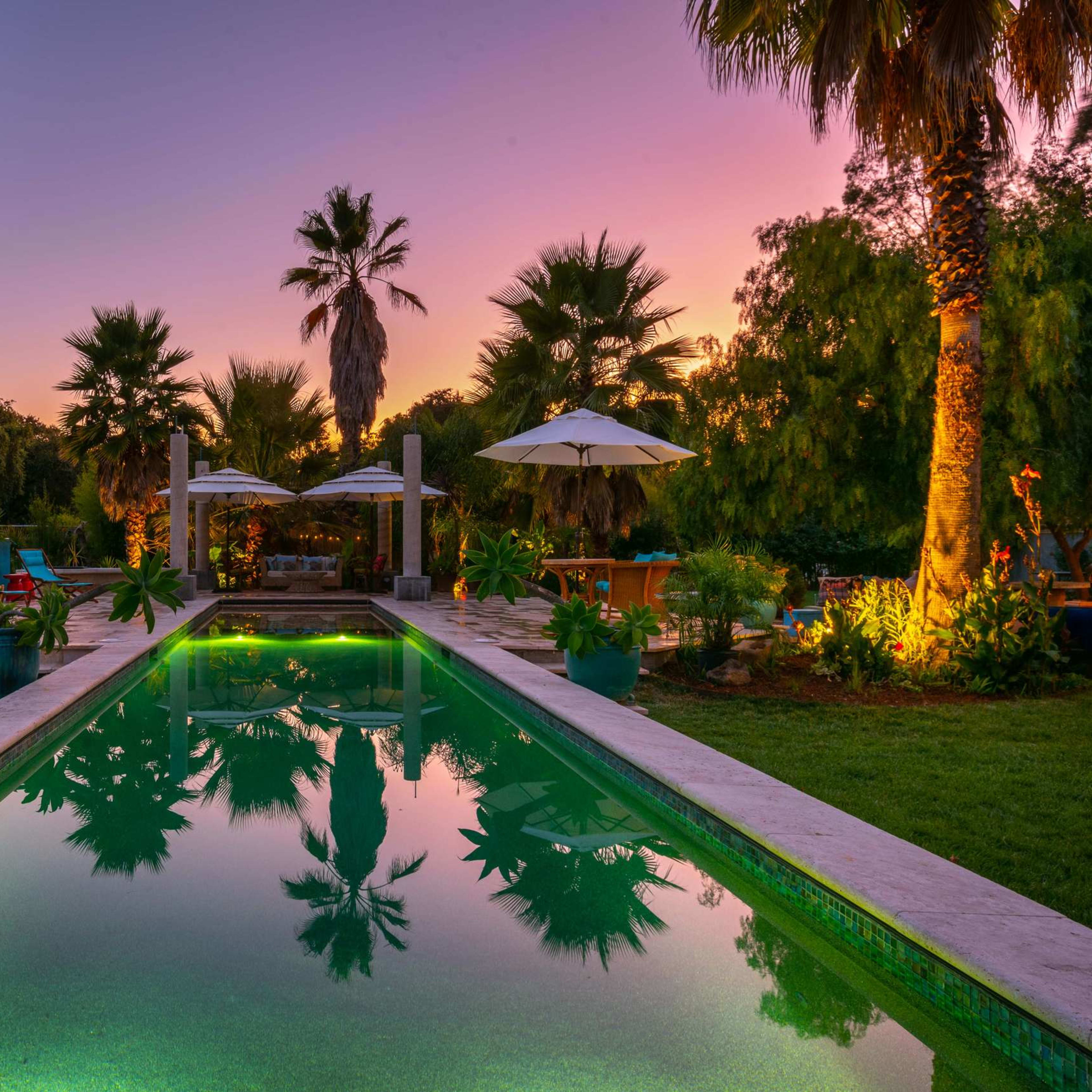 A tranquil garden features a swimming pool reflecting palm trees and the colorful sky at dusk.