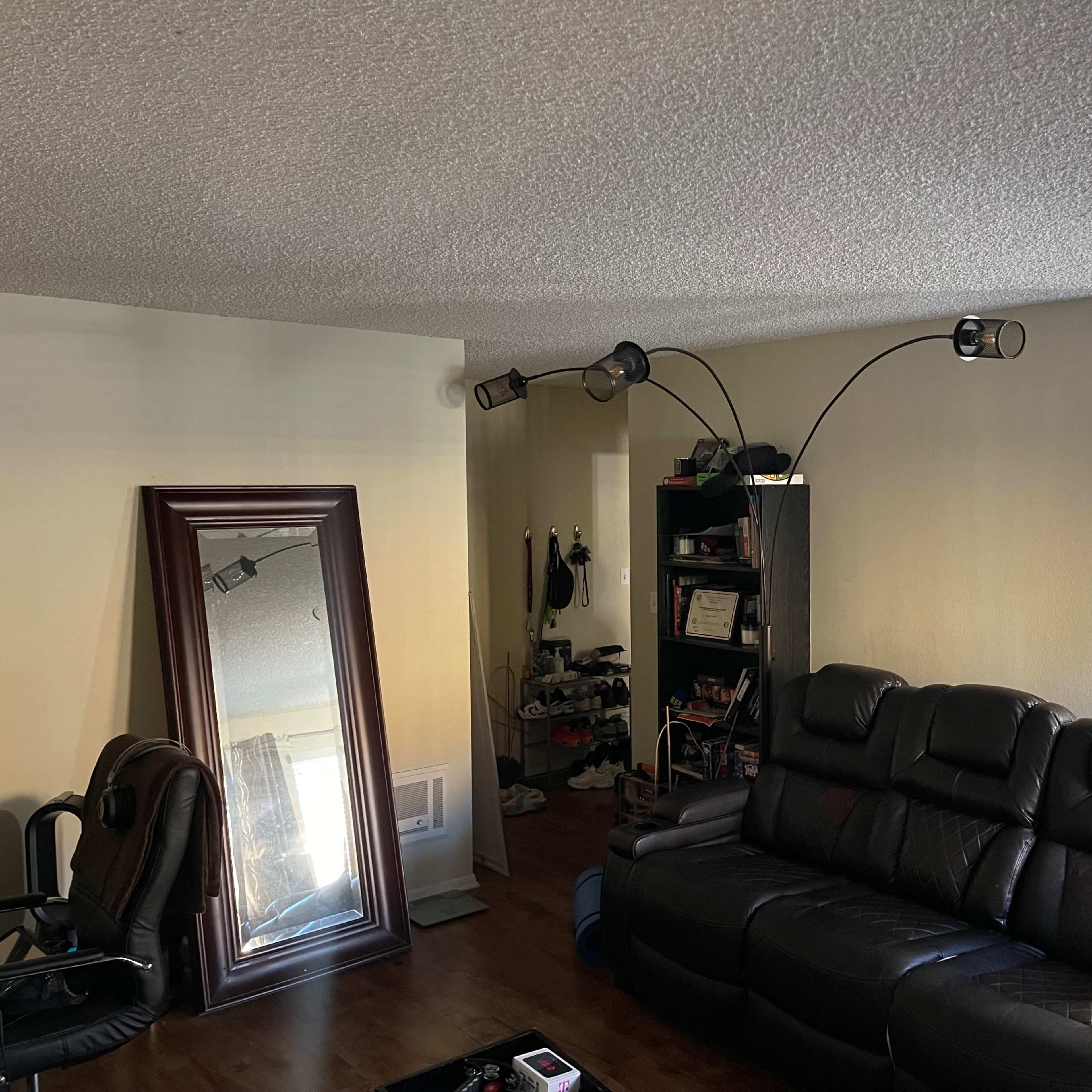 A living room with a large mirror on the left and a dark brown leather sofa facing a kitchen area in the background.