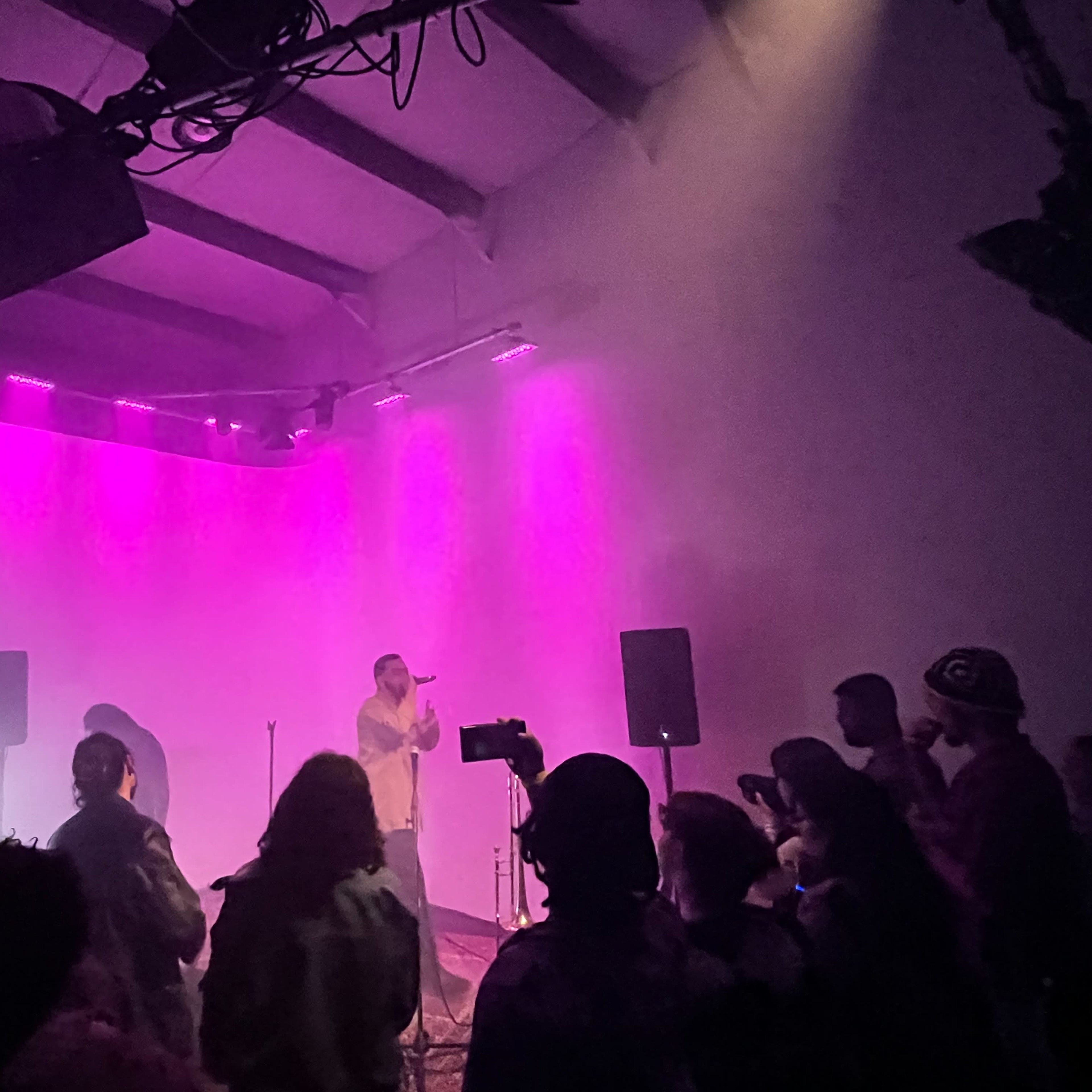 A performer sings on stage illuminated by purple lights while an audience watches from in front.