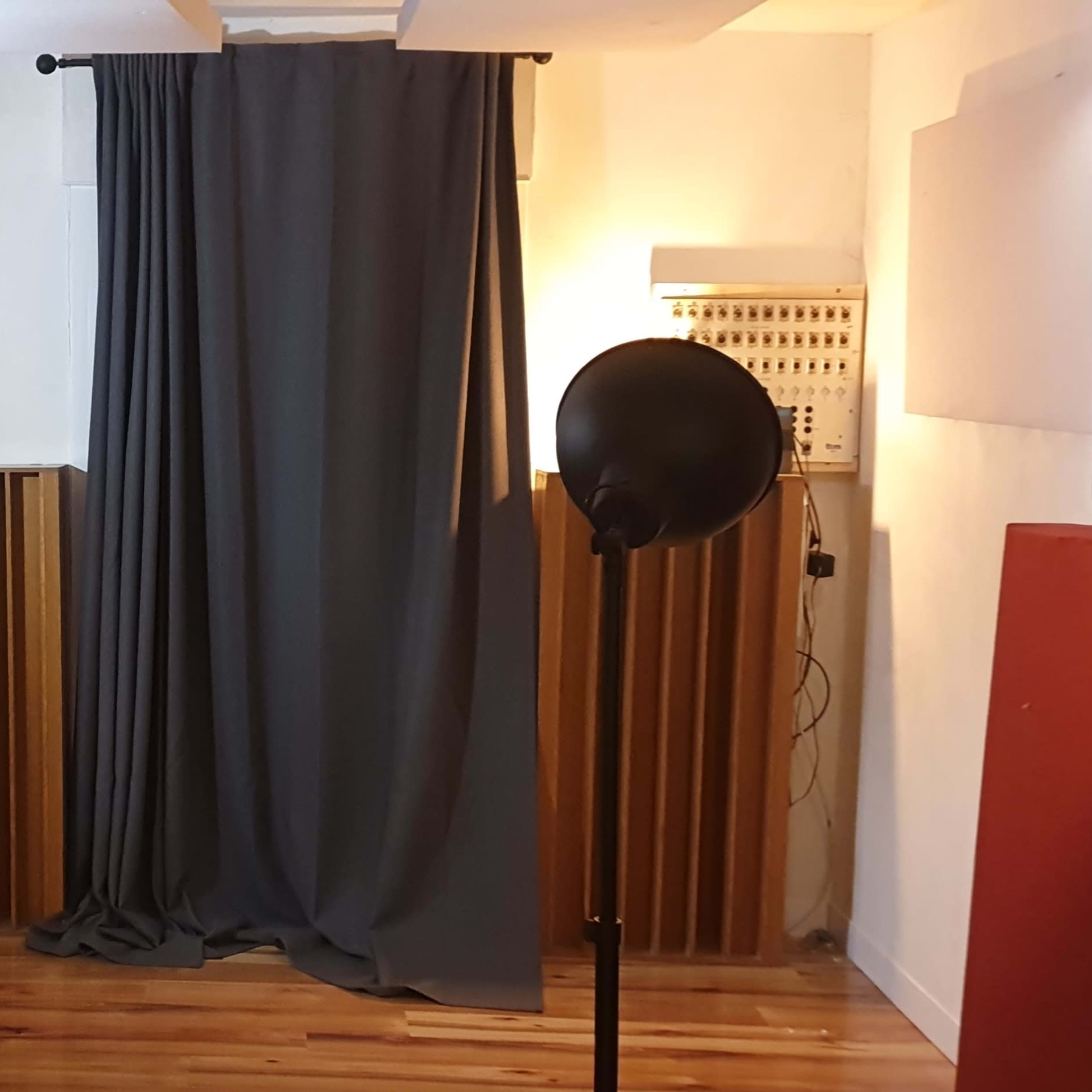 A room with wooden flooring, a gray curtain hanging in front of a wall, a tall speaker cabinet, a framed picture, and a lamp on a stand.