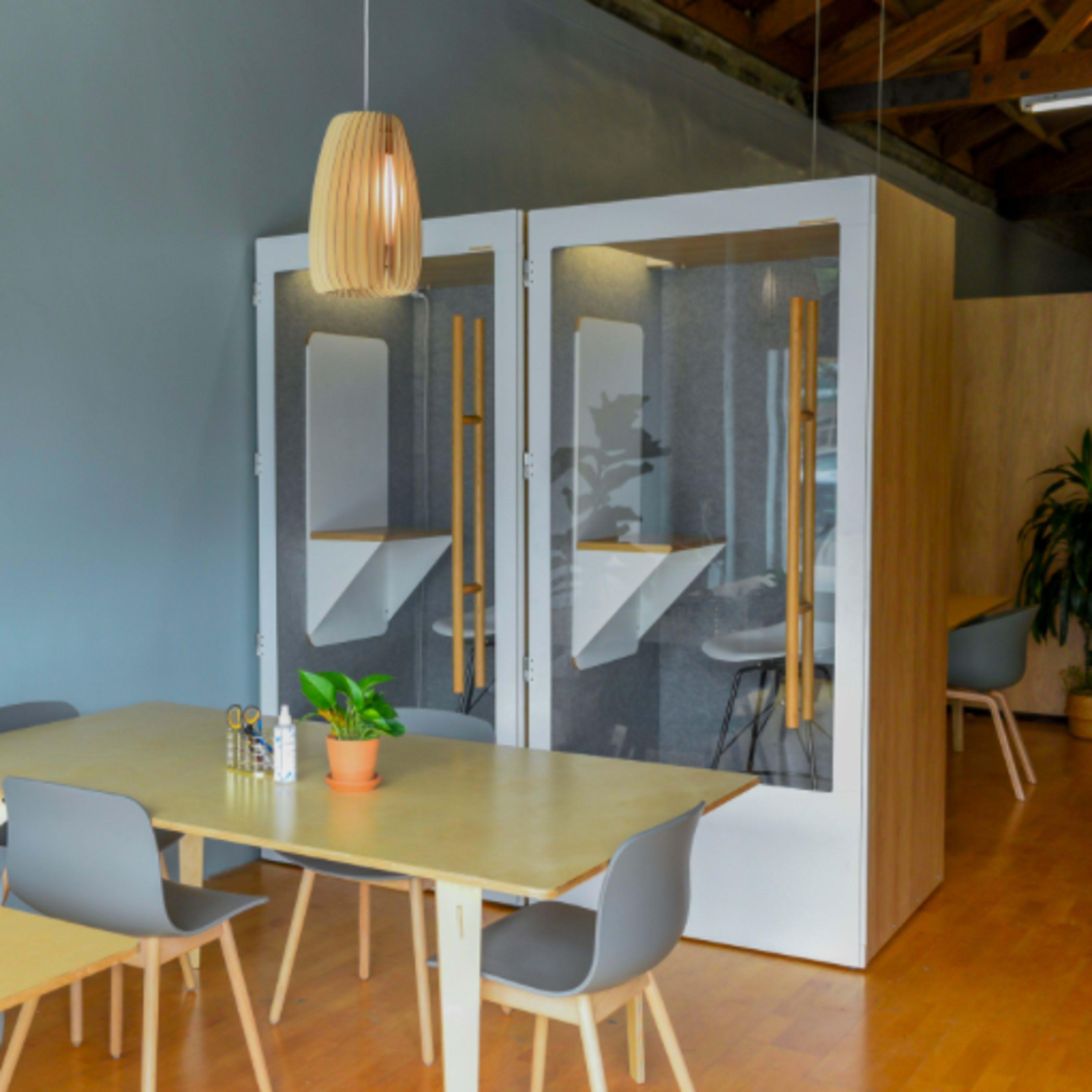 A modern office space with wooden tables, gray chairs, a large plant, and two glass partitioned meeting rooms.