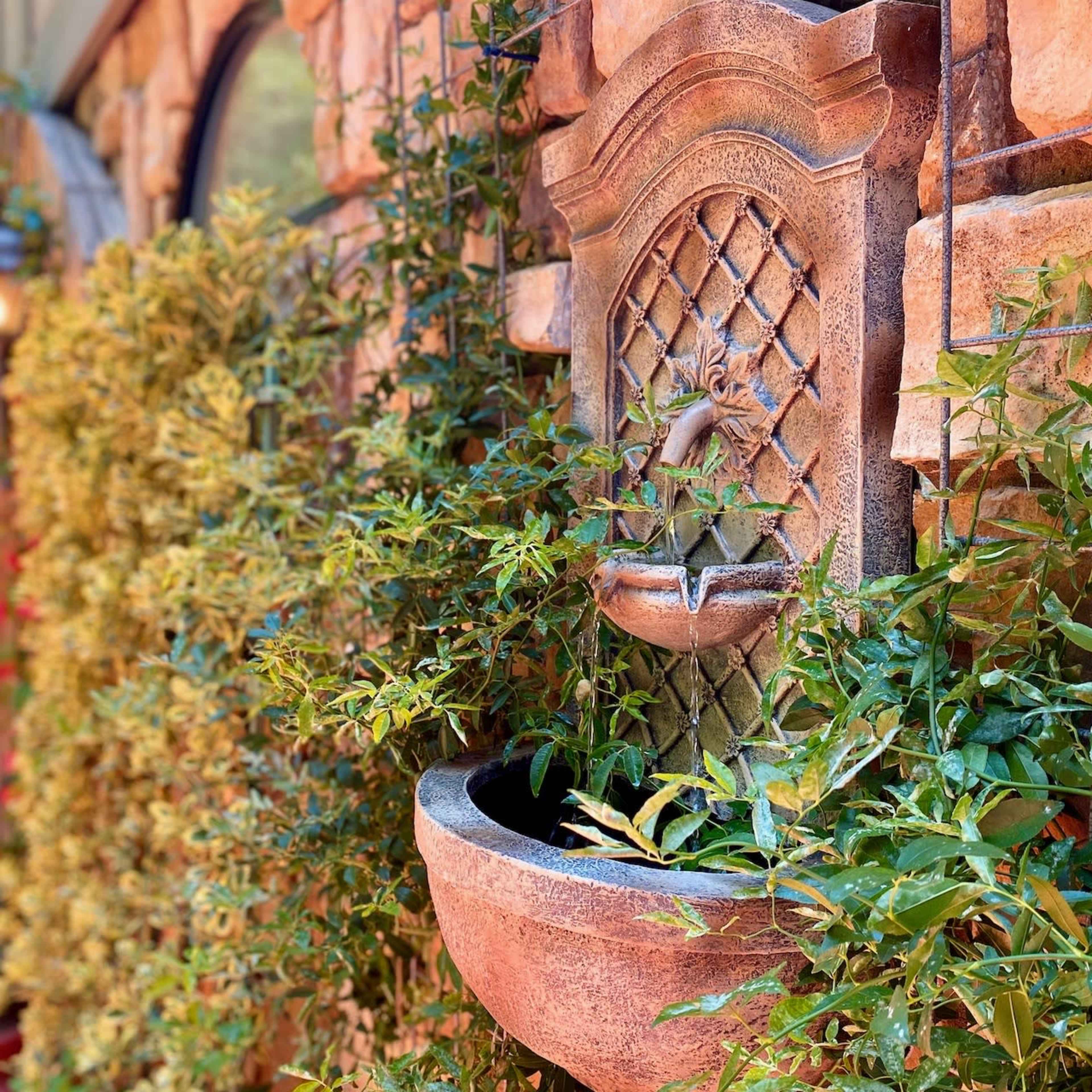 A stone wall fountain surrounded by lush greenery is mounted on a building with a wooden deck.