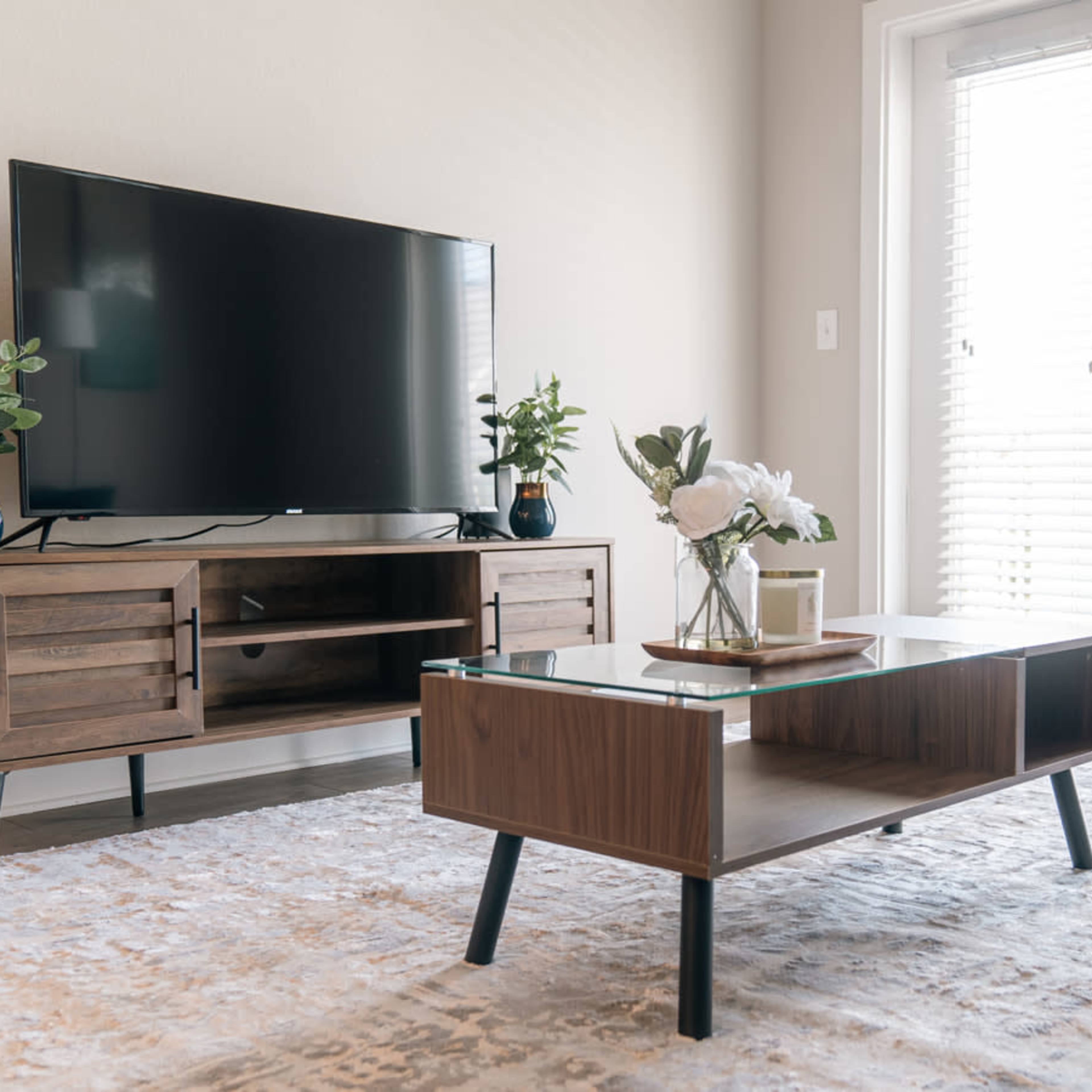 The living room features a modern television on a wooden stand, a glass-topped coffee table, and potted plants, with natural light streaming through the window.