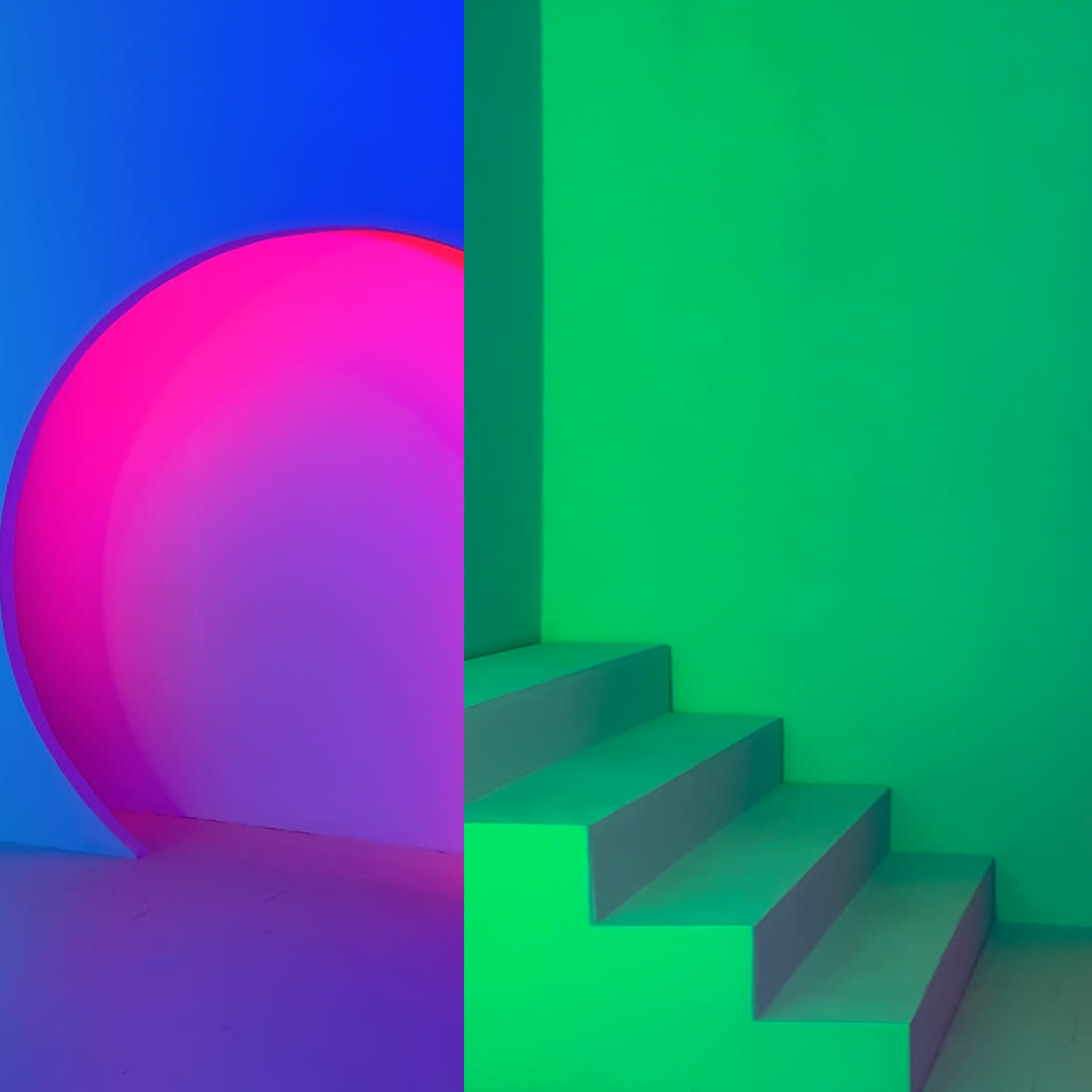 A split scene with a blue and pink circular arch on the left and green walls with white steps on the right.