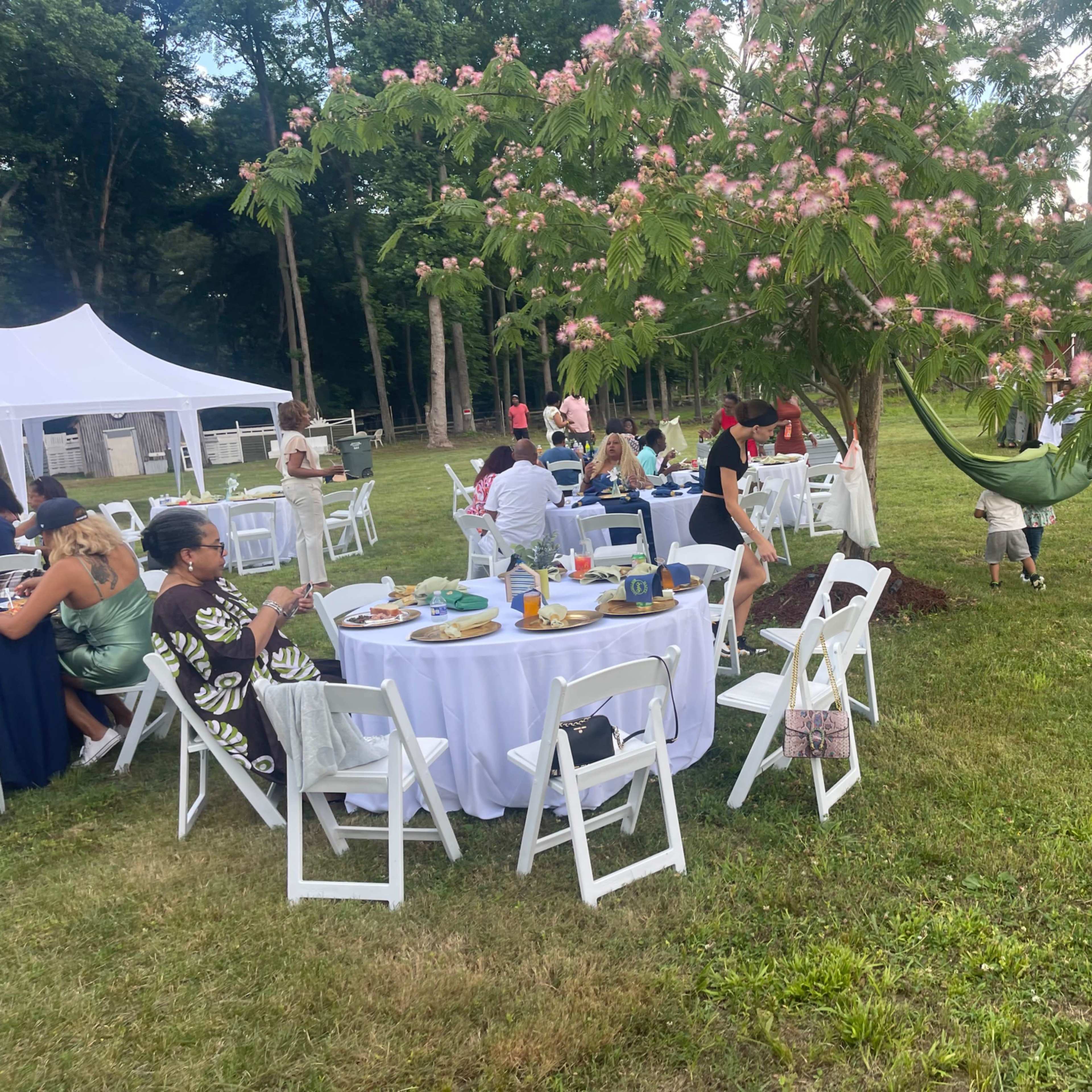 A garden event features guests seated at white tables with food, surrounded by trees and decorations.
