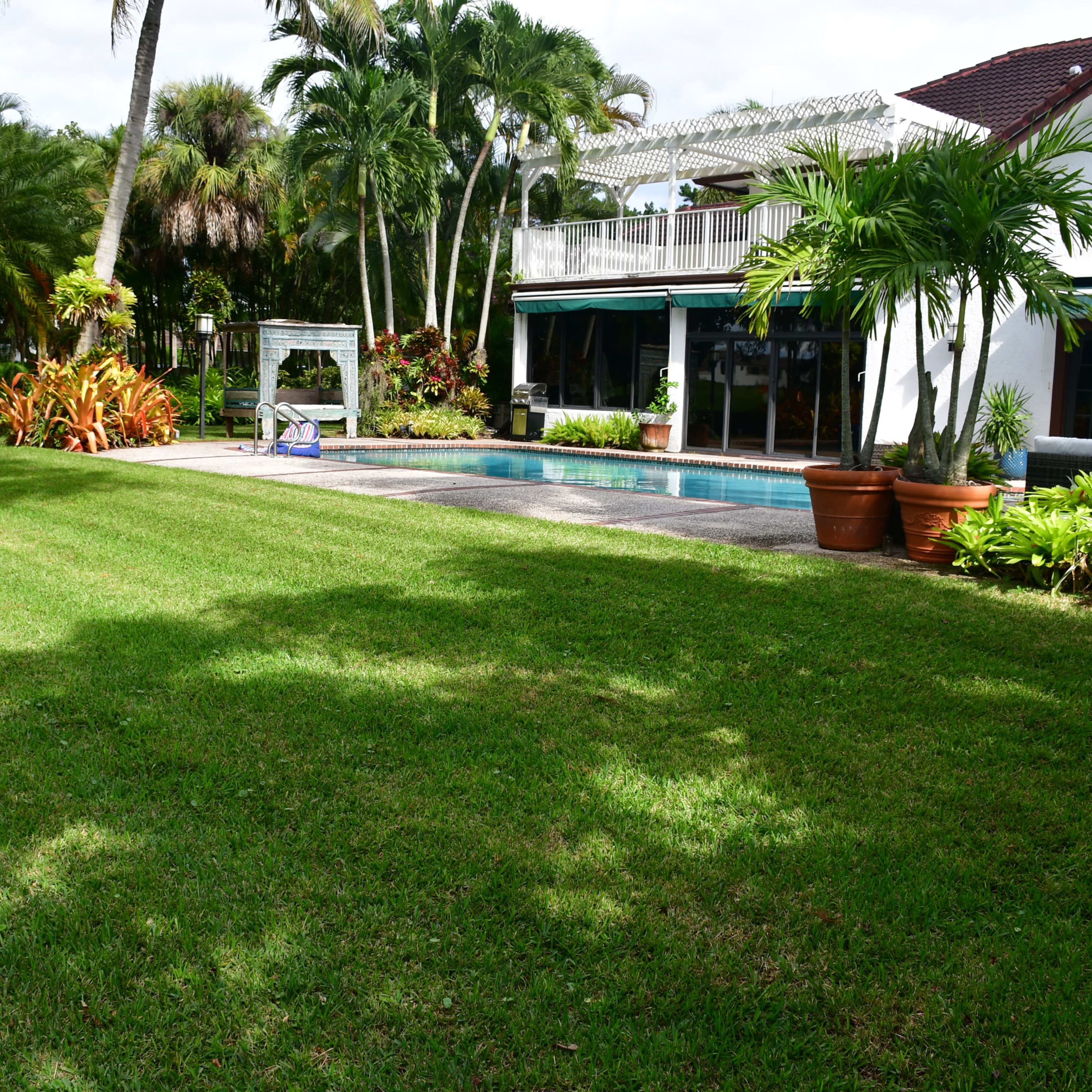 A well-maintained lawn surrounds a pool and a house with tropical plants in a residential backyard.