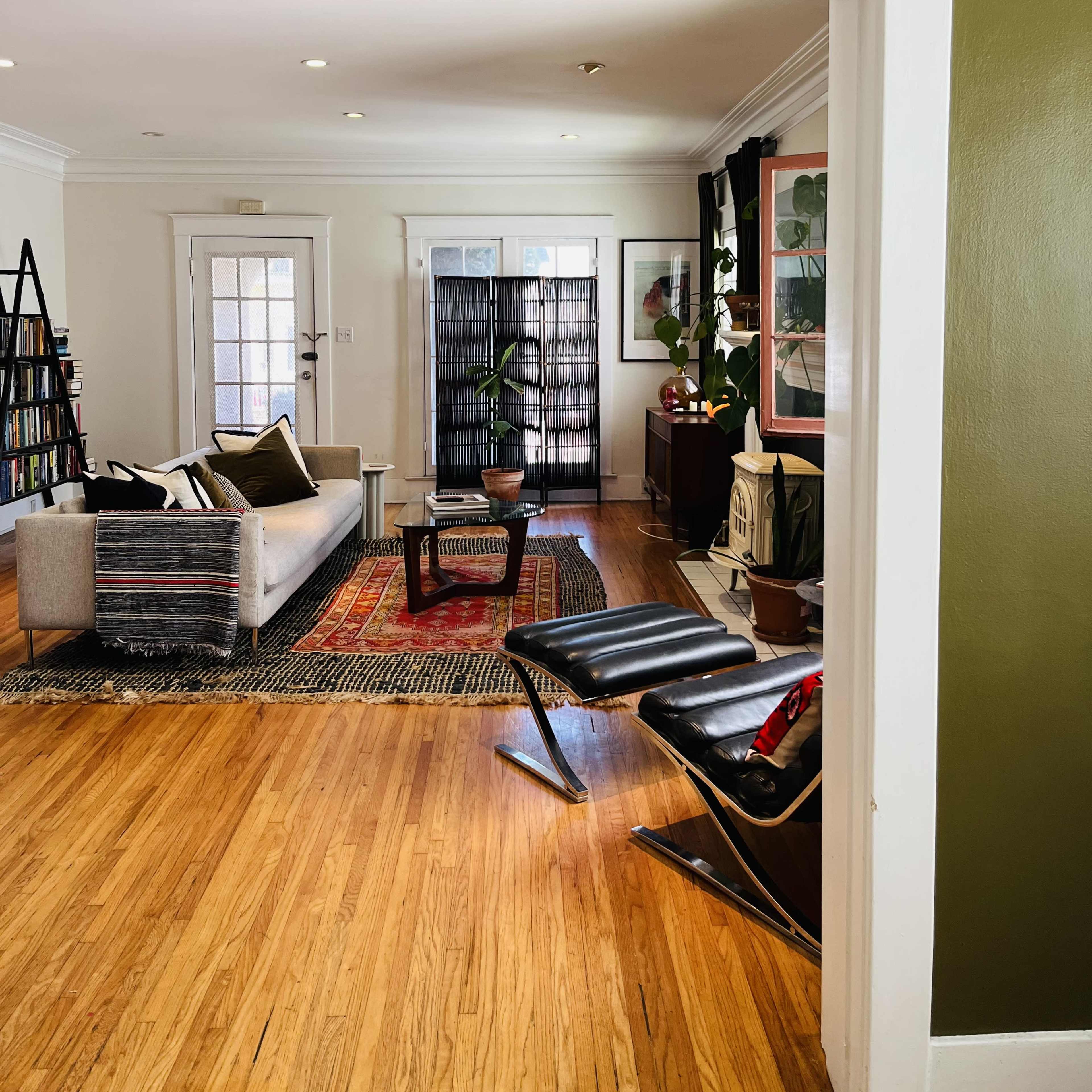A cozy living room features a gray sofa, a wooden chair, plants, and a bookshelf, with green walls and hardwood flooring.