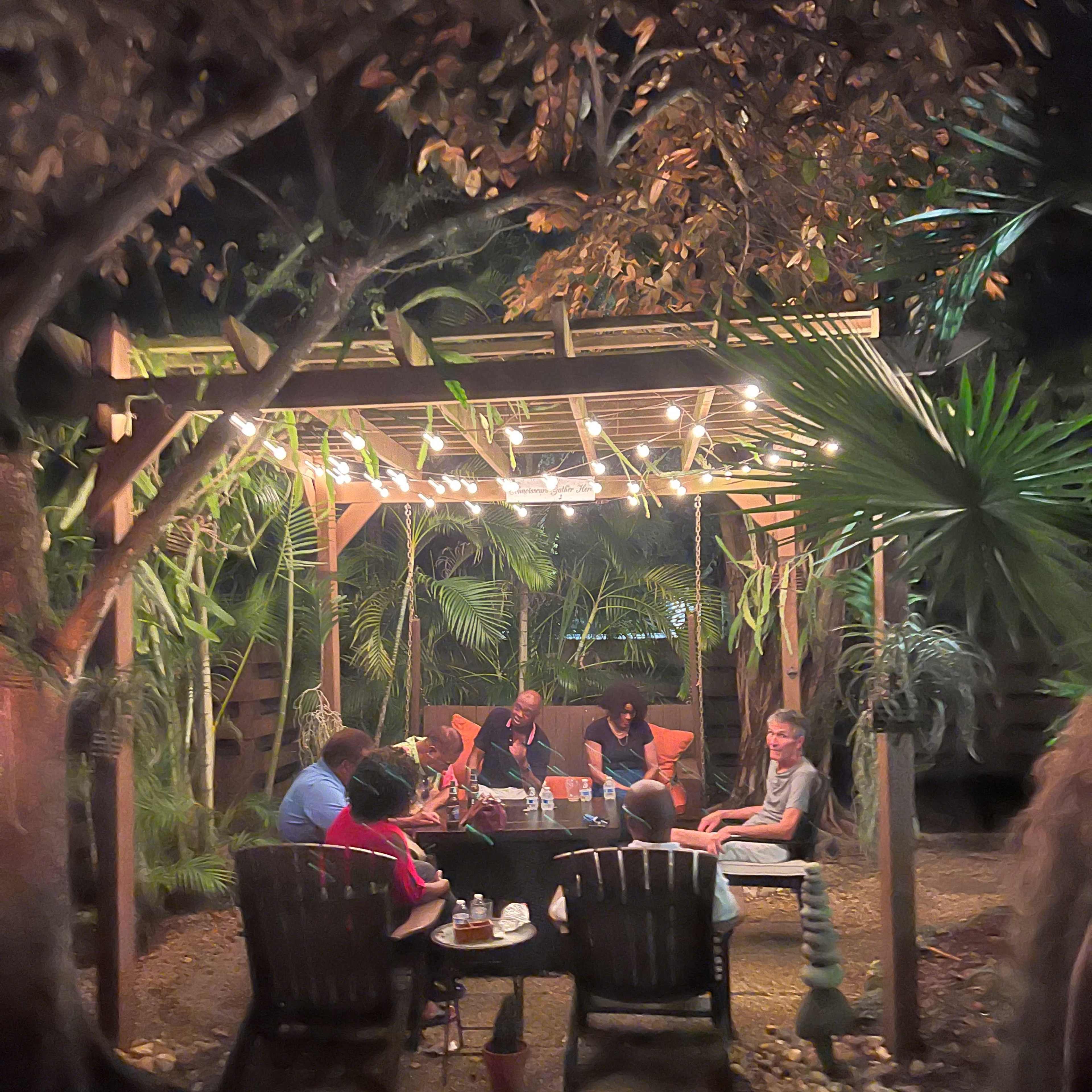 A group of people gather around a table beneath a wooden pergola adorned with string lights, surrounded by tropical plants at night.