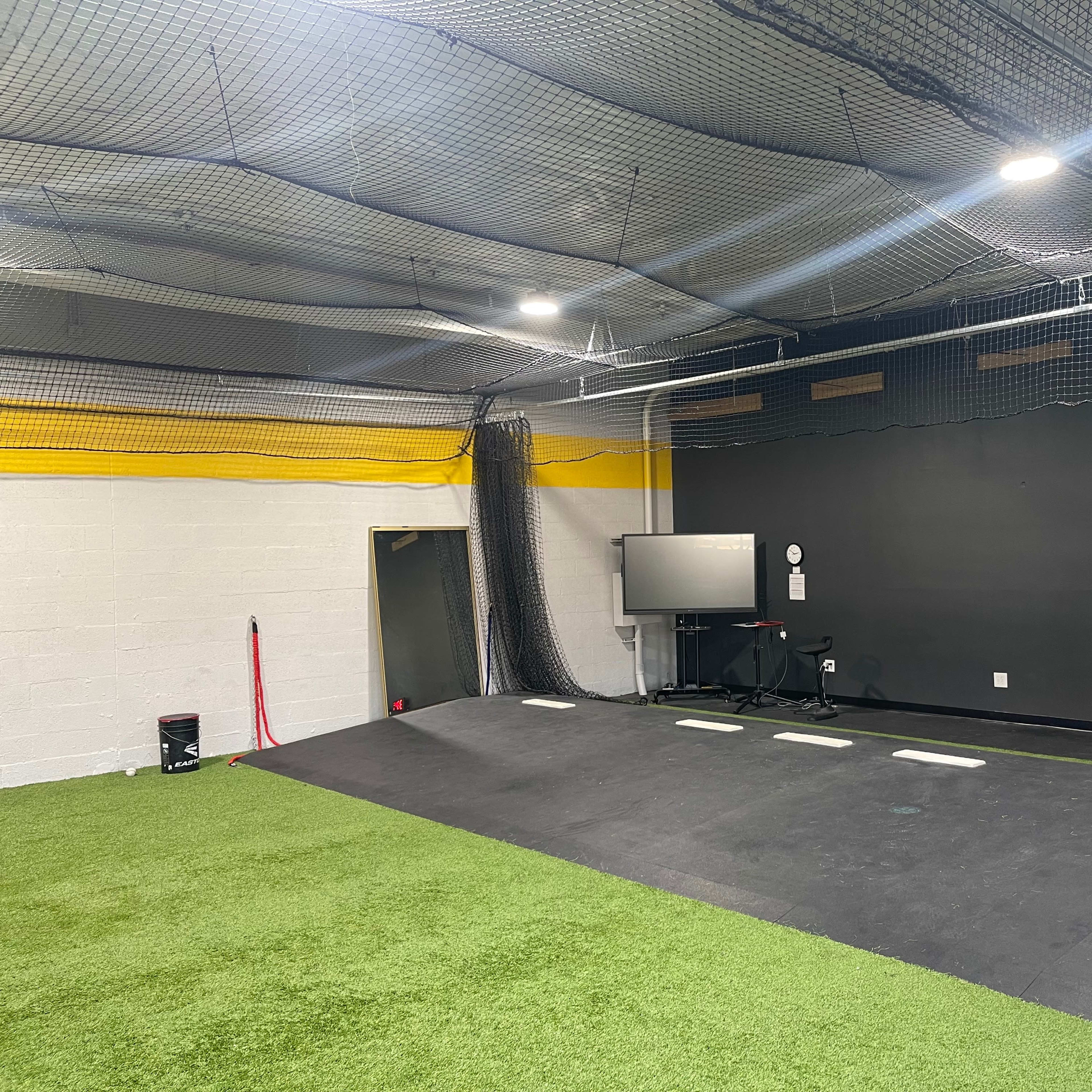 An indoor training facility featuring a black rubber floor, artificial grass, a large monitor on the wall, and netting along the ceiling.