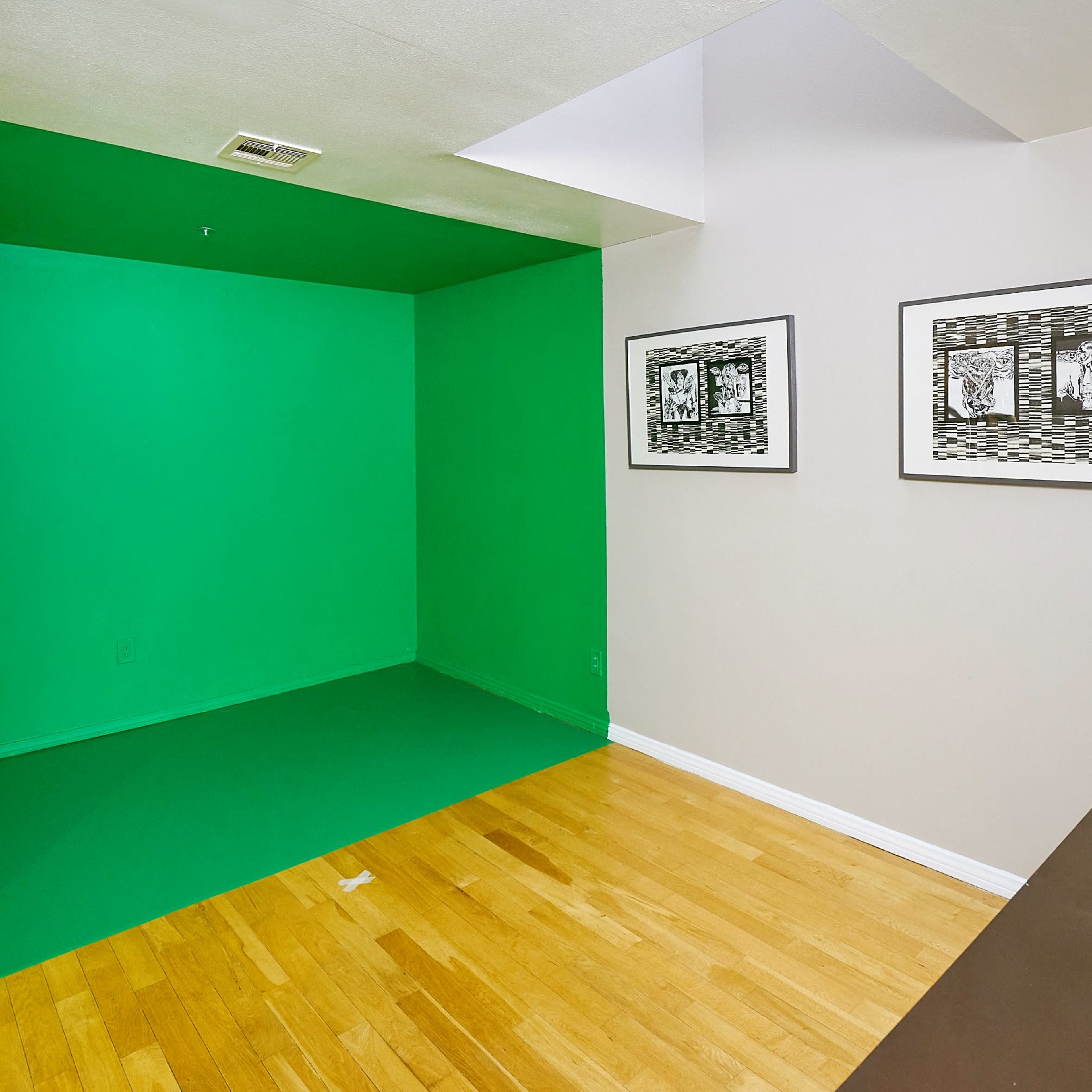A room with a green accent wall and floor, featuring two framed artworks and a small plant on a shelf.