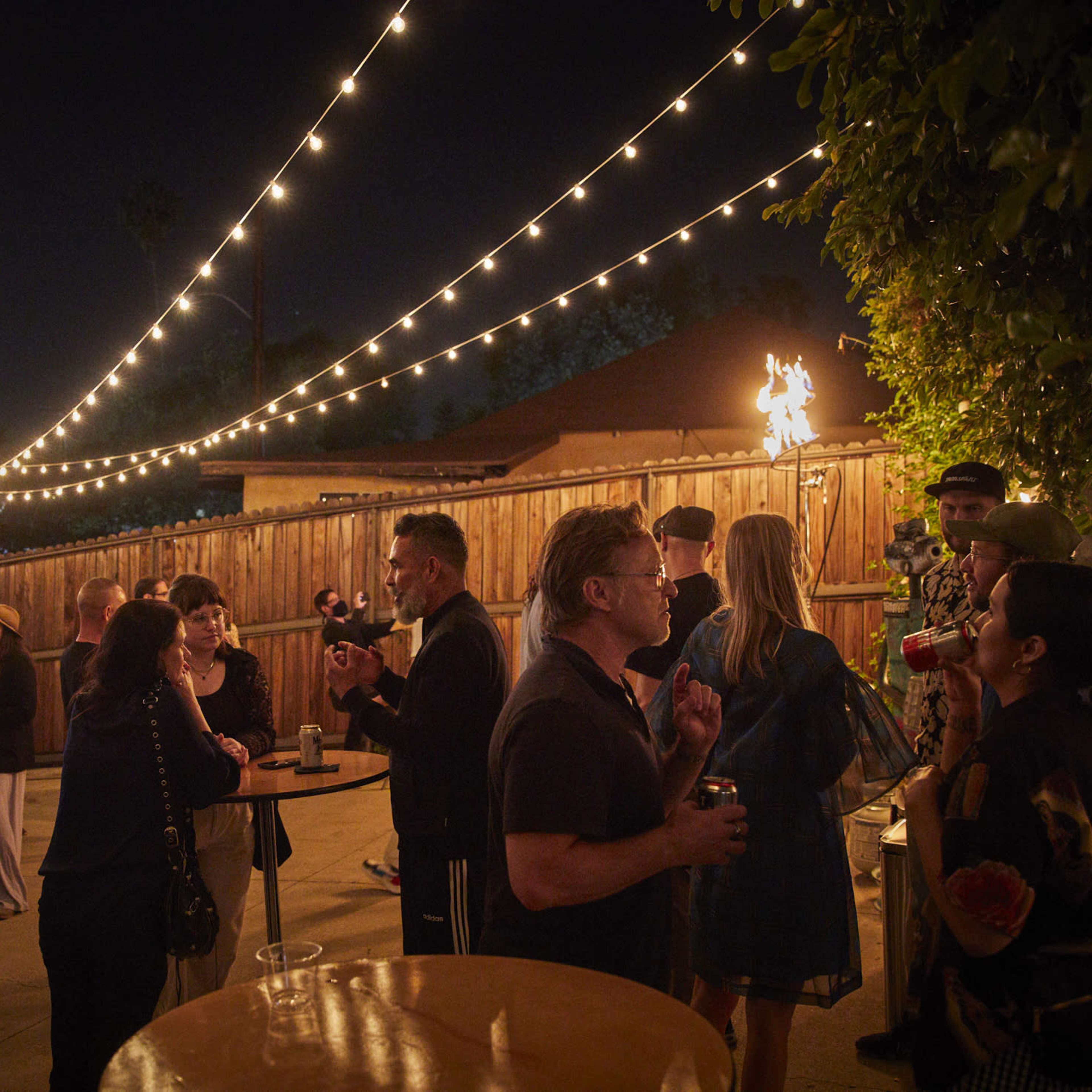 A crowd of people socializes outdoors at night under string lights in a backyard setting.