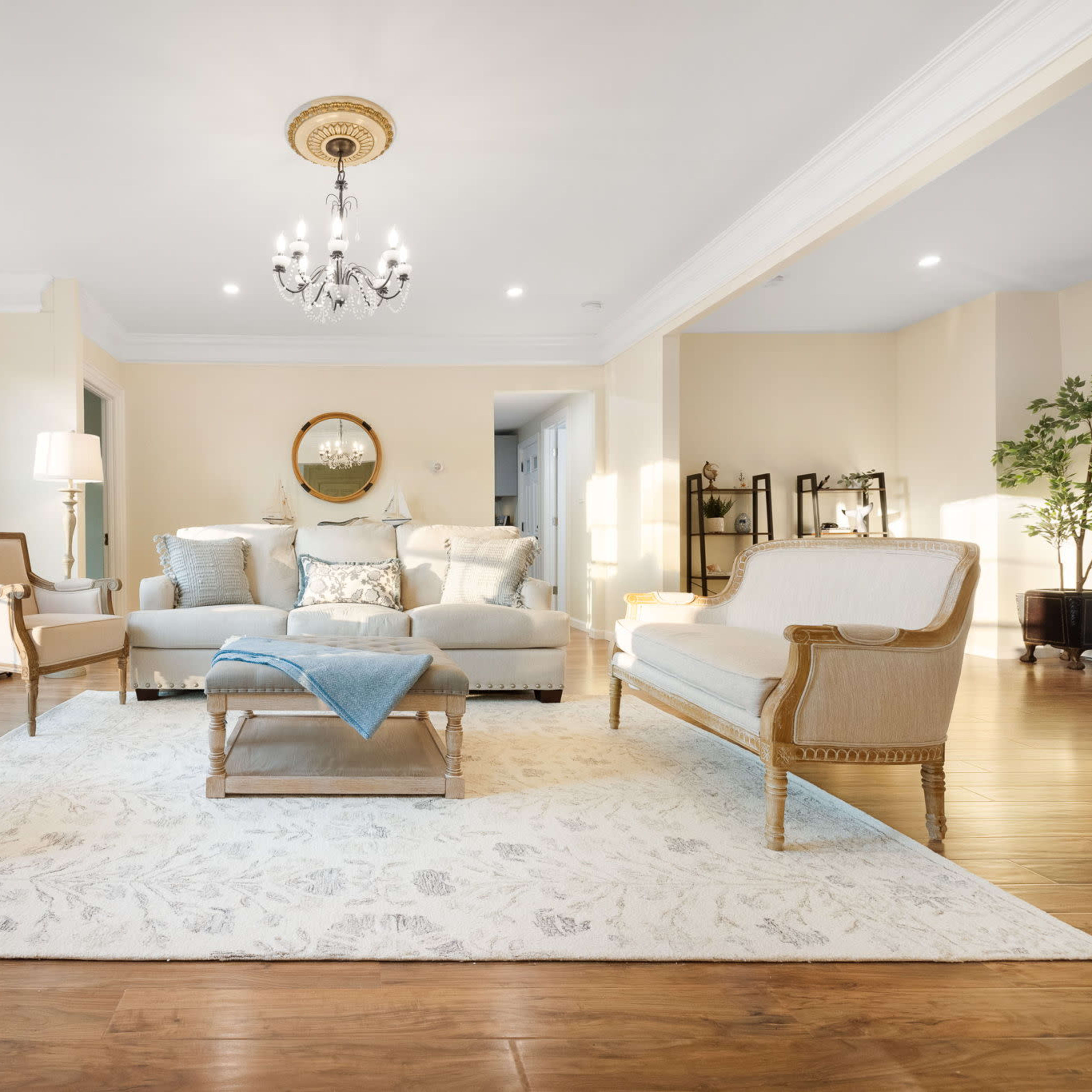 A well-lit living room with beige walls, hardwood flooring, and a central seating area comprising two armchairs, a sofa, and a coffee table on a decorative rug.