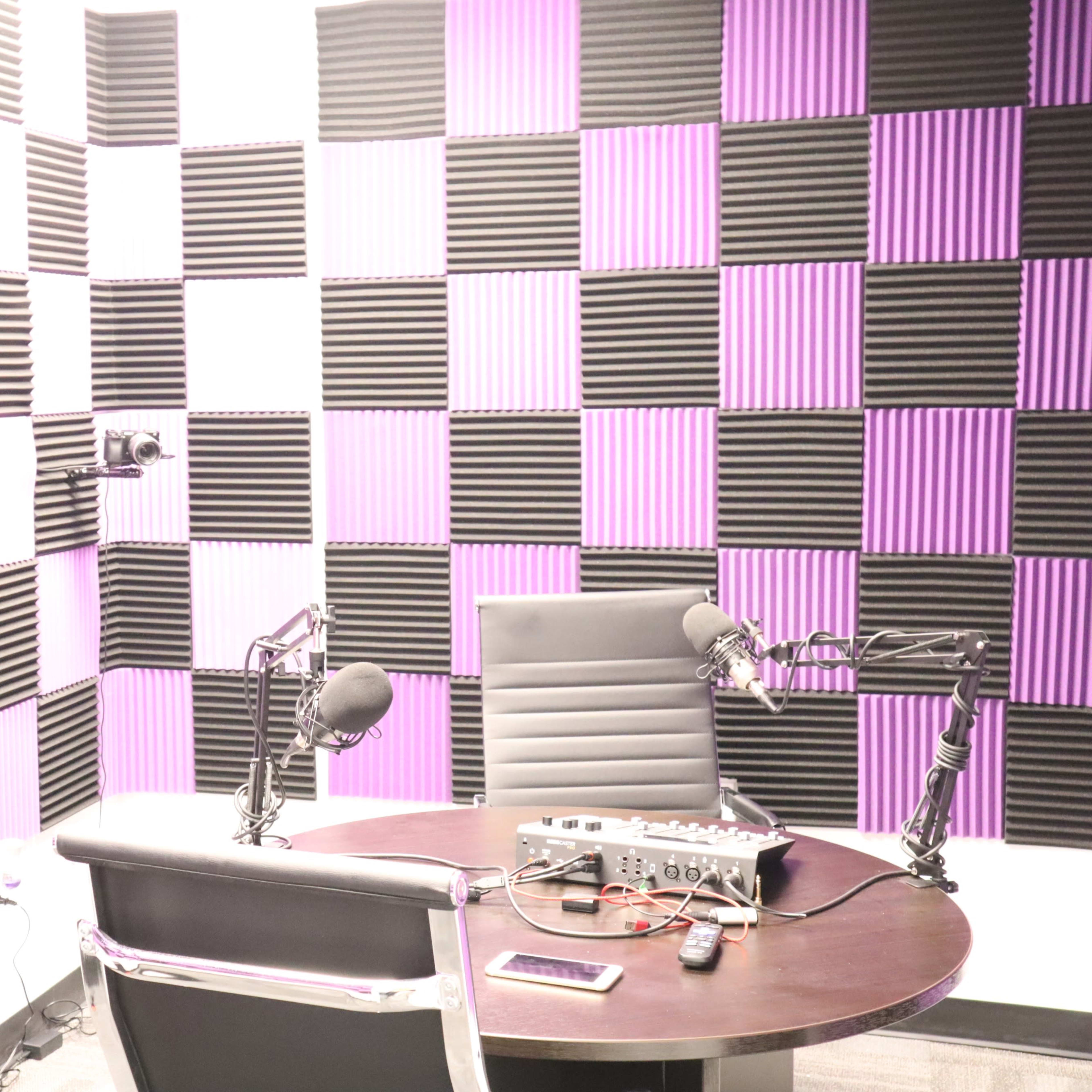A recording studio with black and purple foam soundproofing panels on the walls, two microphones on adjustable arms, and a mixing console on a round table.